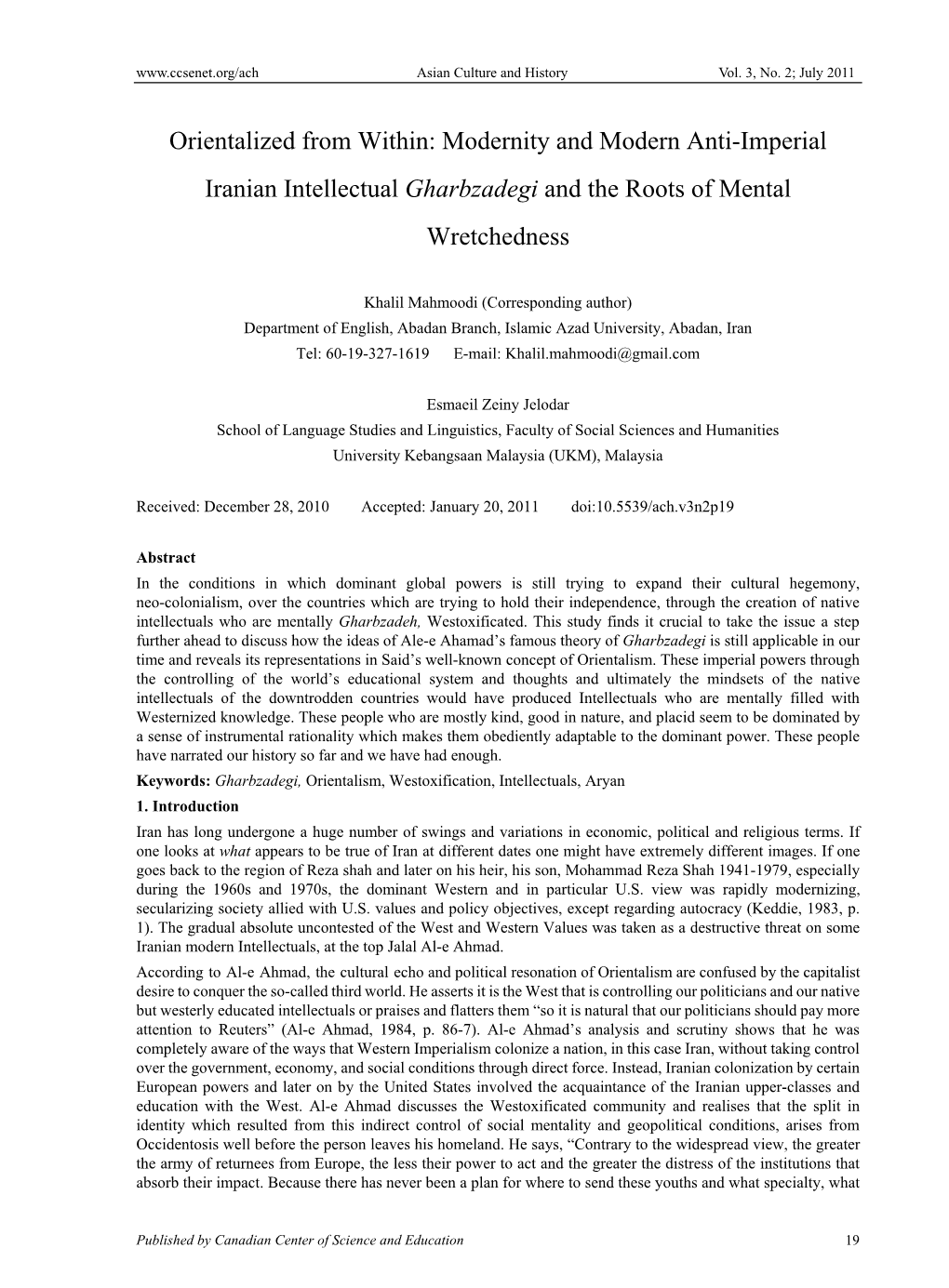 Modernity and Modern Anti-Imperial Iranian Intellectual Gharbzadegi and the Roots of Mental Wretchedness