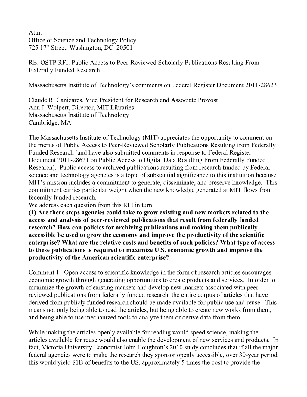 OSTP RFI: Public Access to Peer-Reviewed Scholarly Publications Resulting from Federally Funded Research