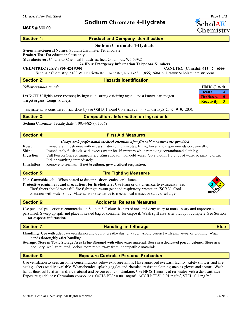 Sodium Chromate 4-Hydrate MSDS # 660.00