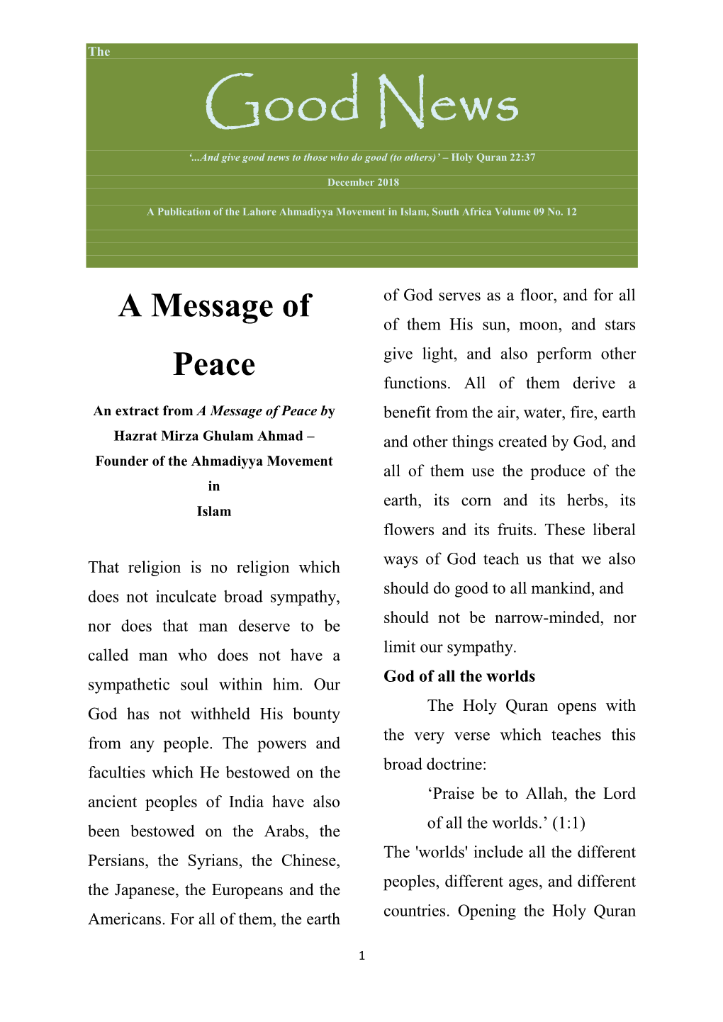 December 2018: Message of Peace