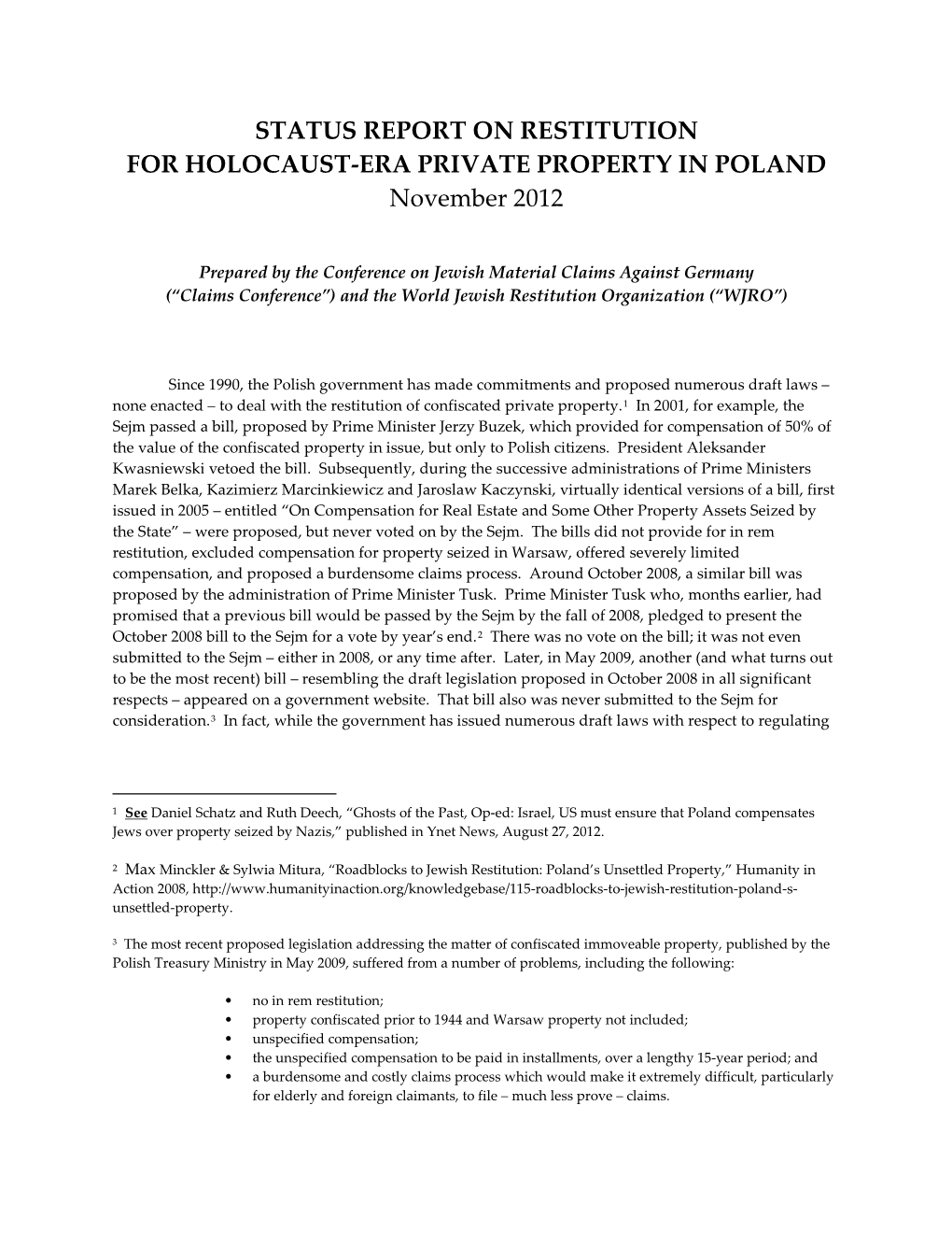 STATUS REPORT on RESTITUTION for HOLOCAUST-ERA PRIVATE PROPERTY in POLAND November 2012