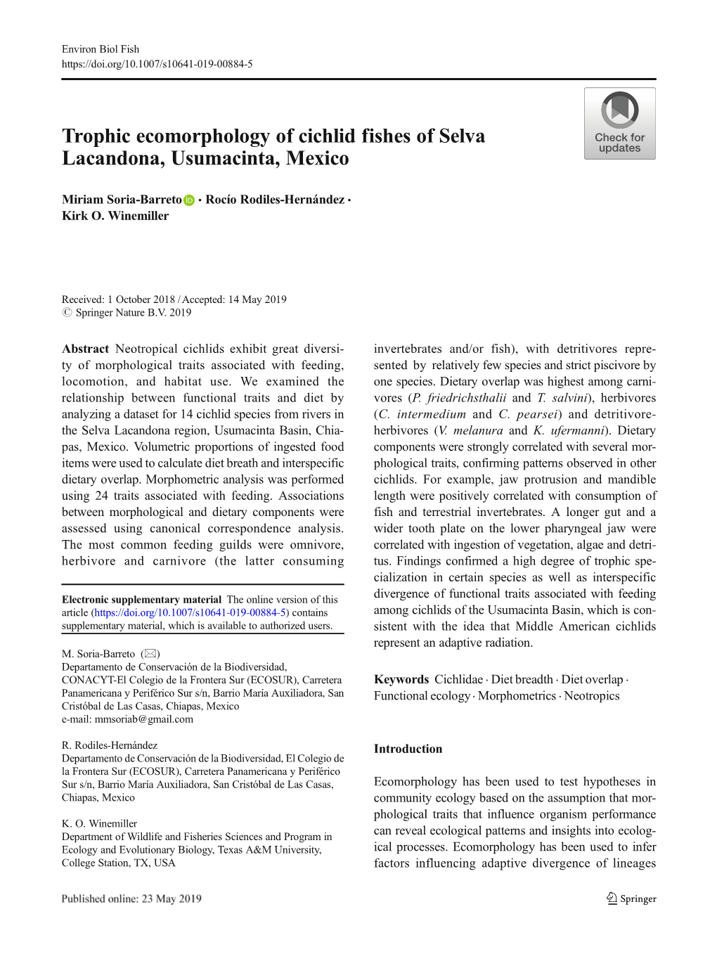 Trophic Ecomorphology of Cichlid Fishes of Selva Lacandona, Usumacinta, Mexico