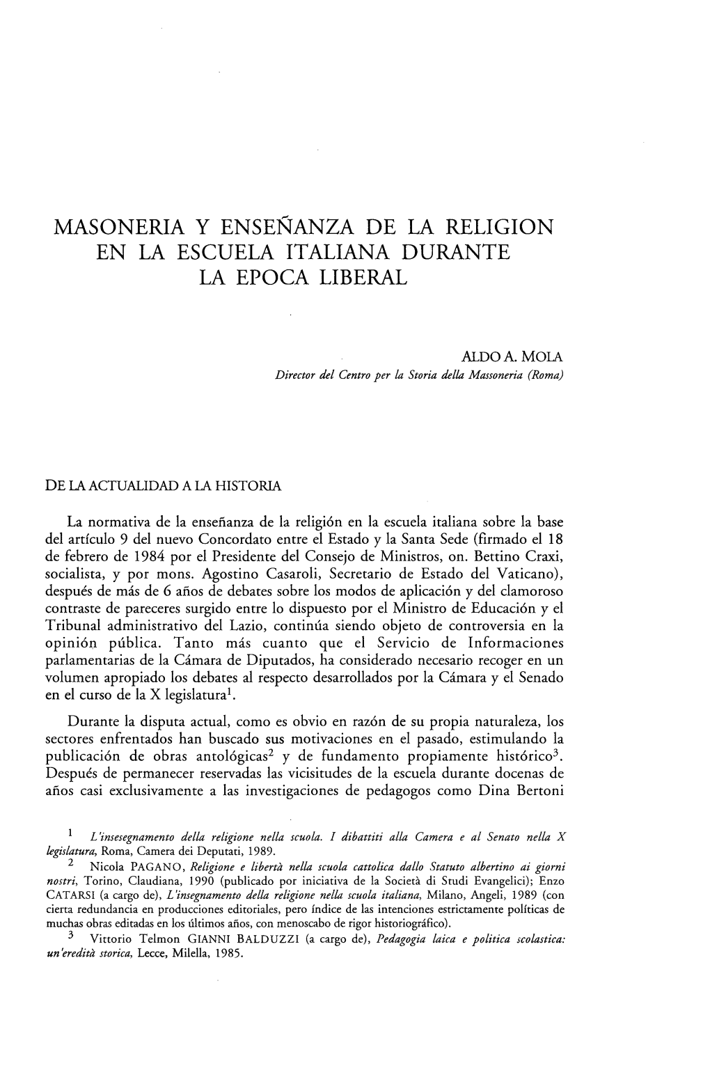 Masonería Y Enseñanza De La Religion En La Escuela Italiana Durante La Epoca Liberal