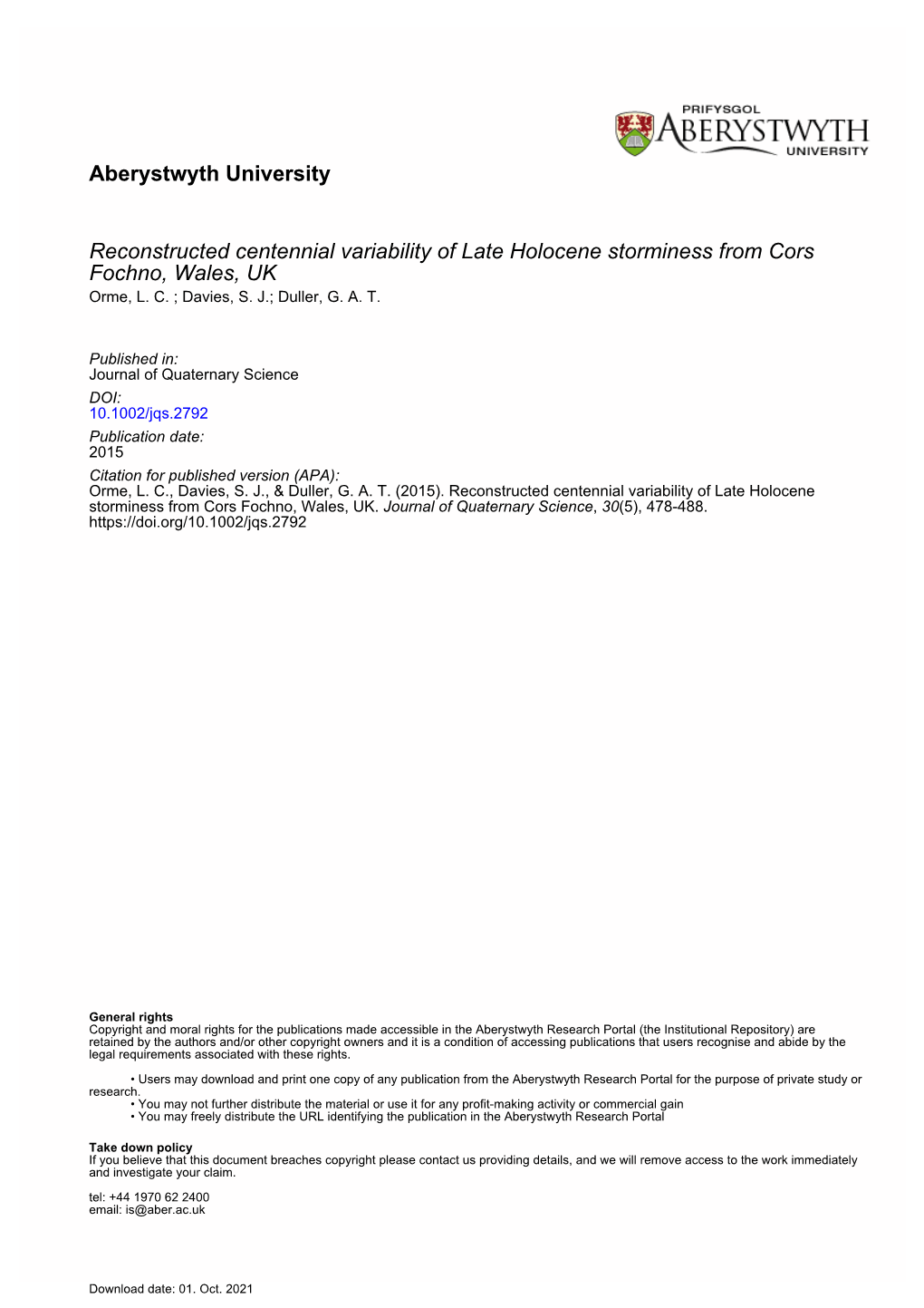 Aberystwyth University Reconstructed Centennial Variability of Late