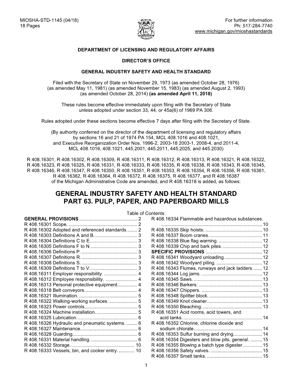 General Industry Safety and Health Standard Part 63. Pulp, Paper, and Paperboard Mills