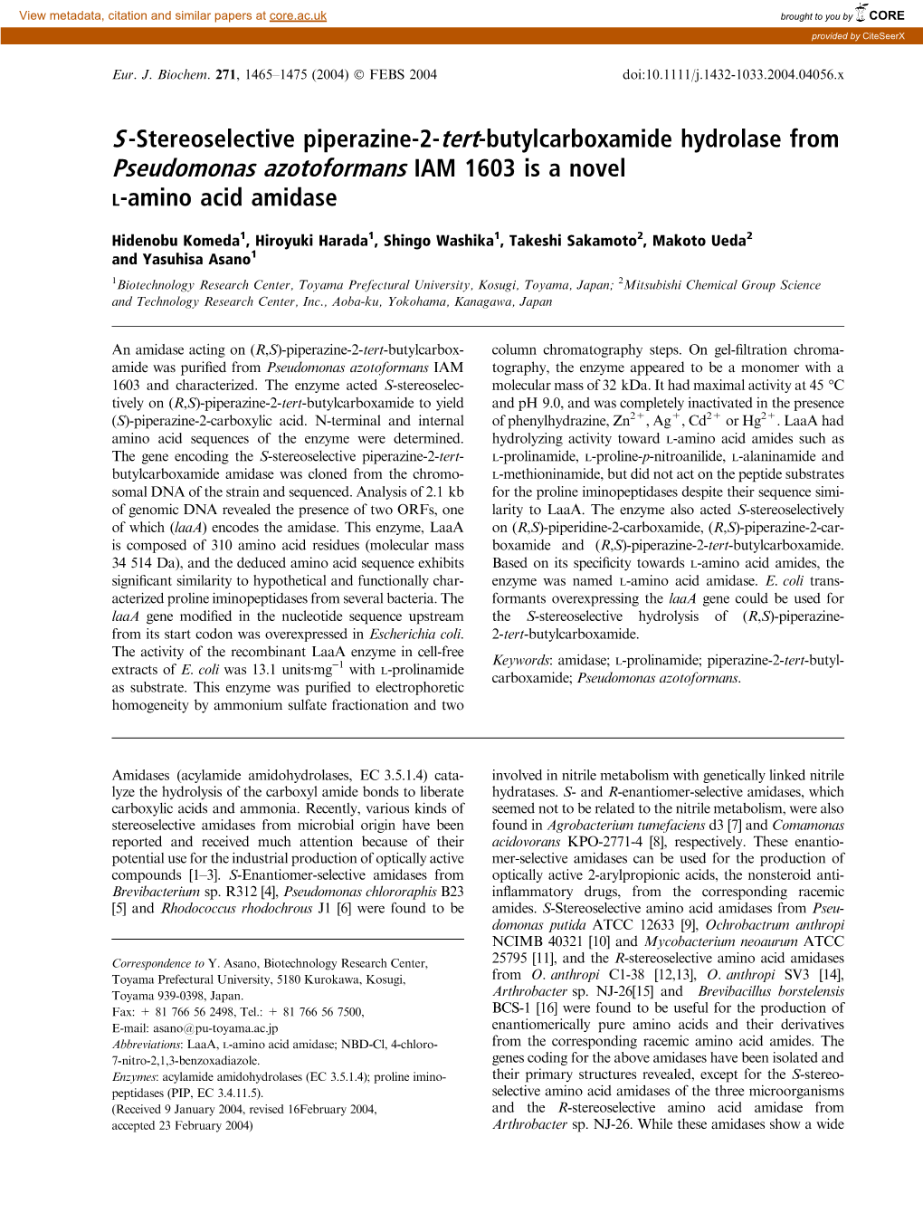 Pseudomonas Azotoformans IAM 1603 Is a Novel L-Amino Acid Amidase