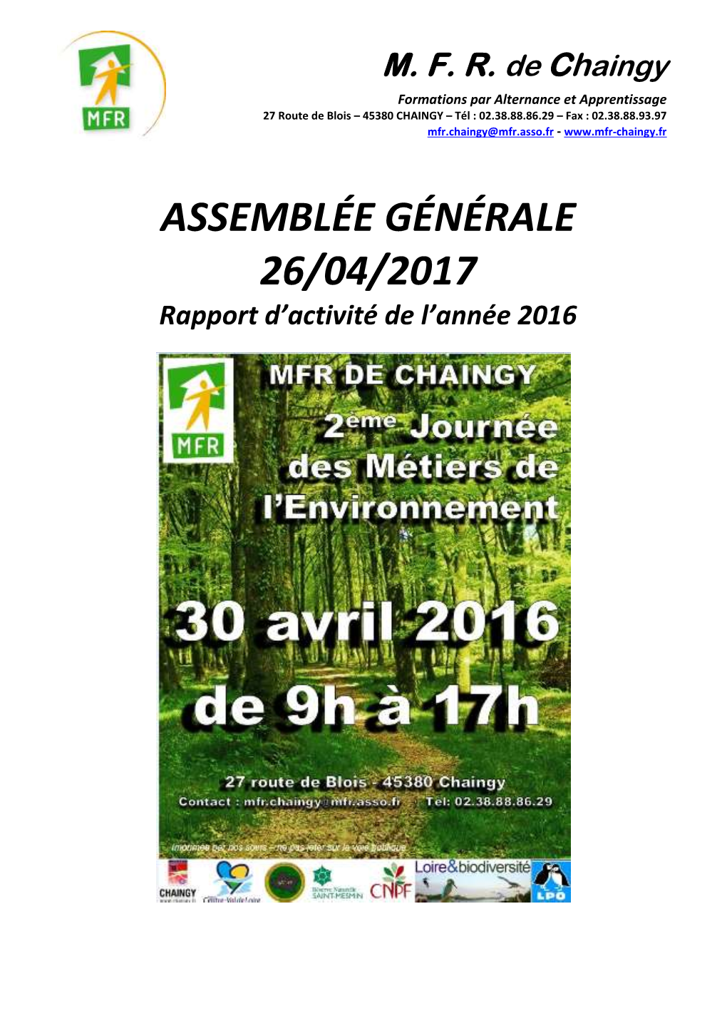 ASSEMBLÉE GÉNÉRALE 26/04/2017 Rapport D’Activité De L’Année 2016