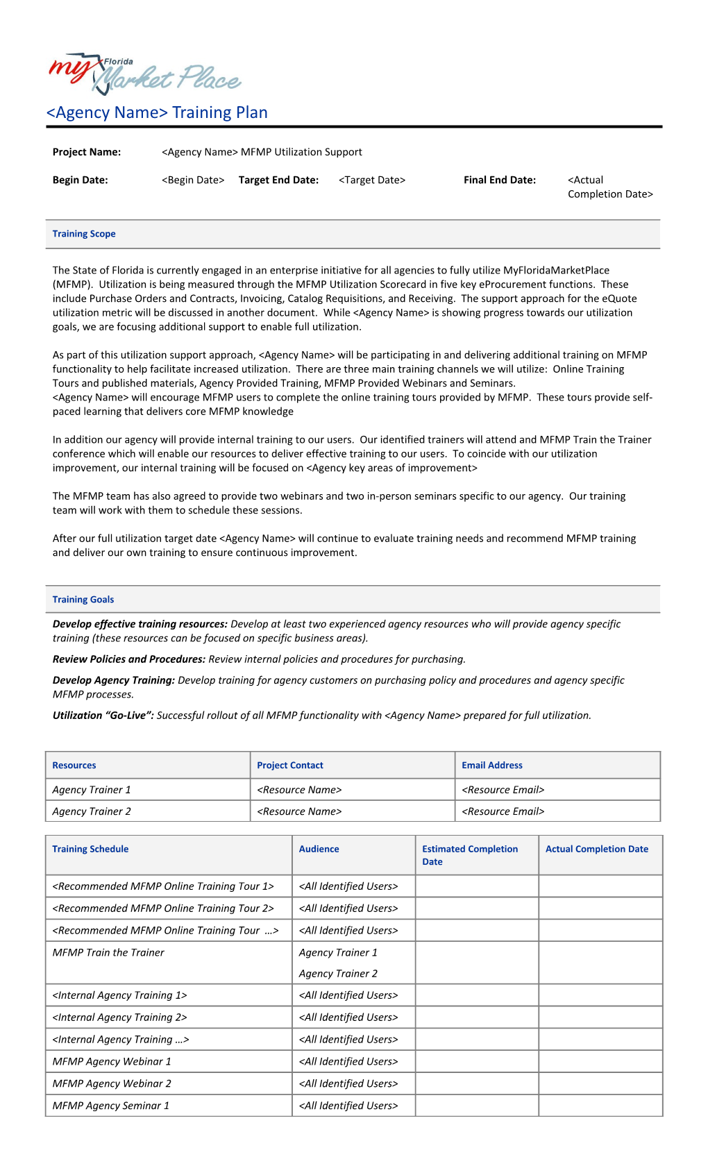 <Agency Name> Training Plan