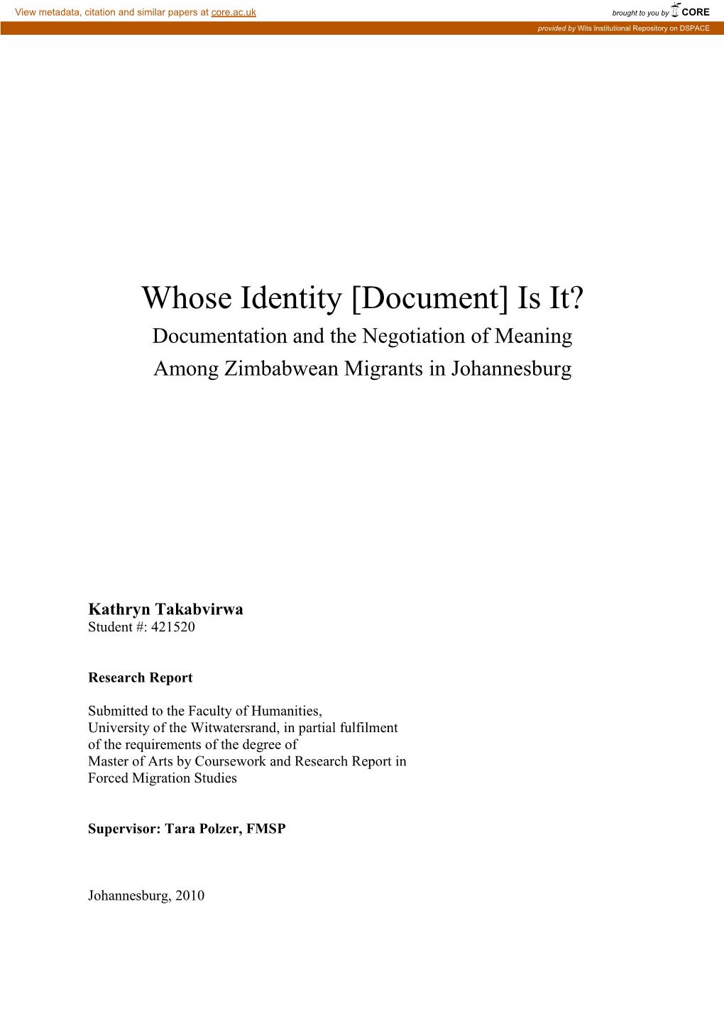 Document] Is It? Documentation and the Negotiation of Meaning Among Zimbabwean Migrants in Johannesburg