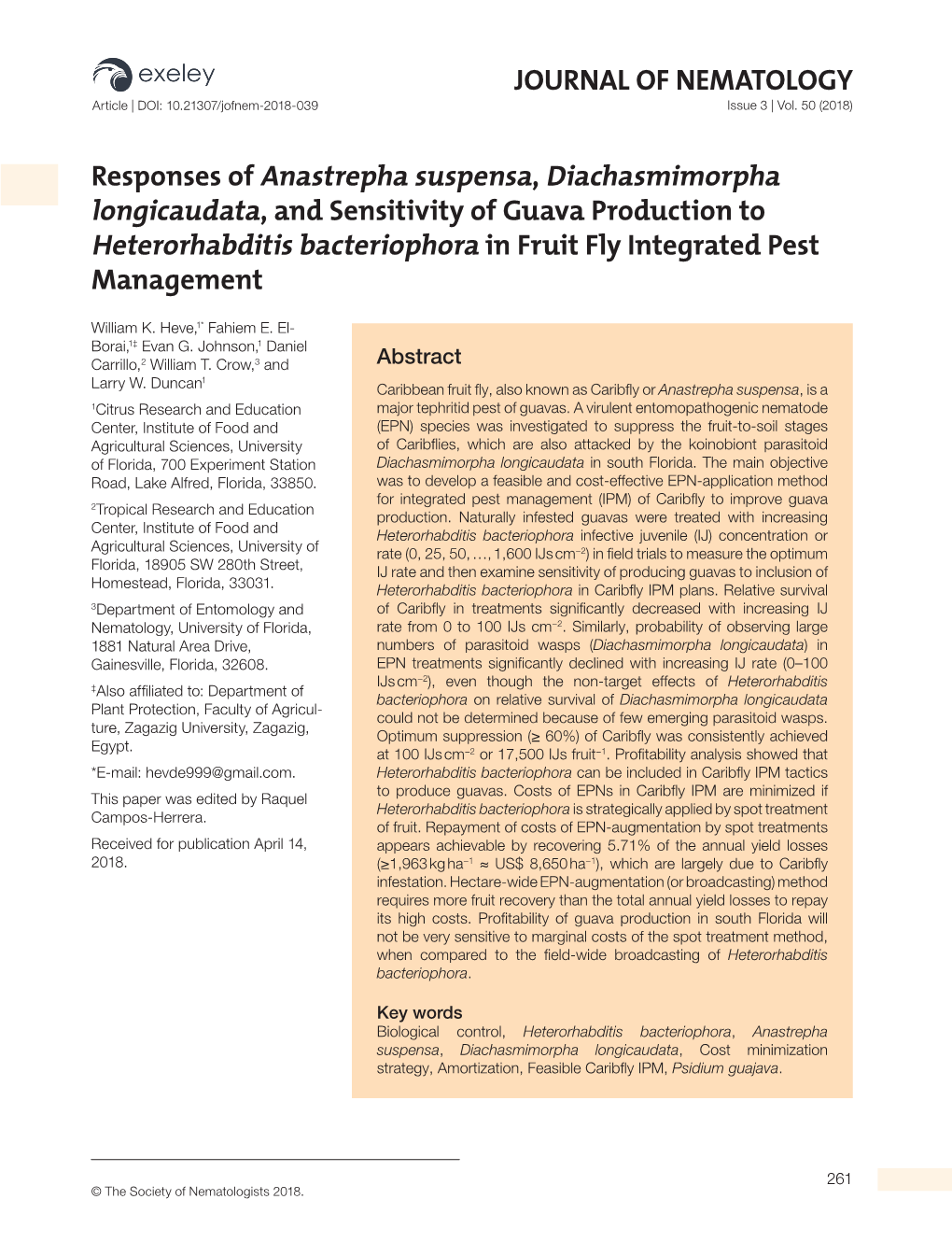 JOURNAL of NEMATOLOGY Responses of Anastrepha