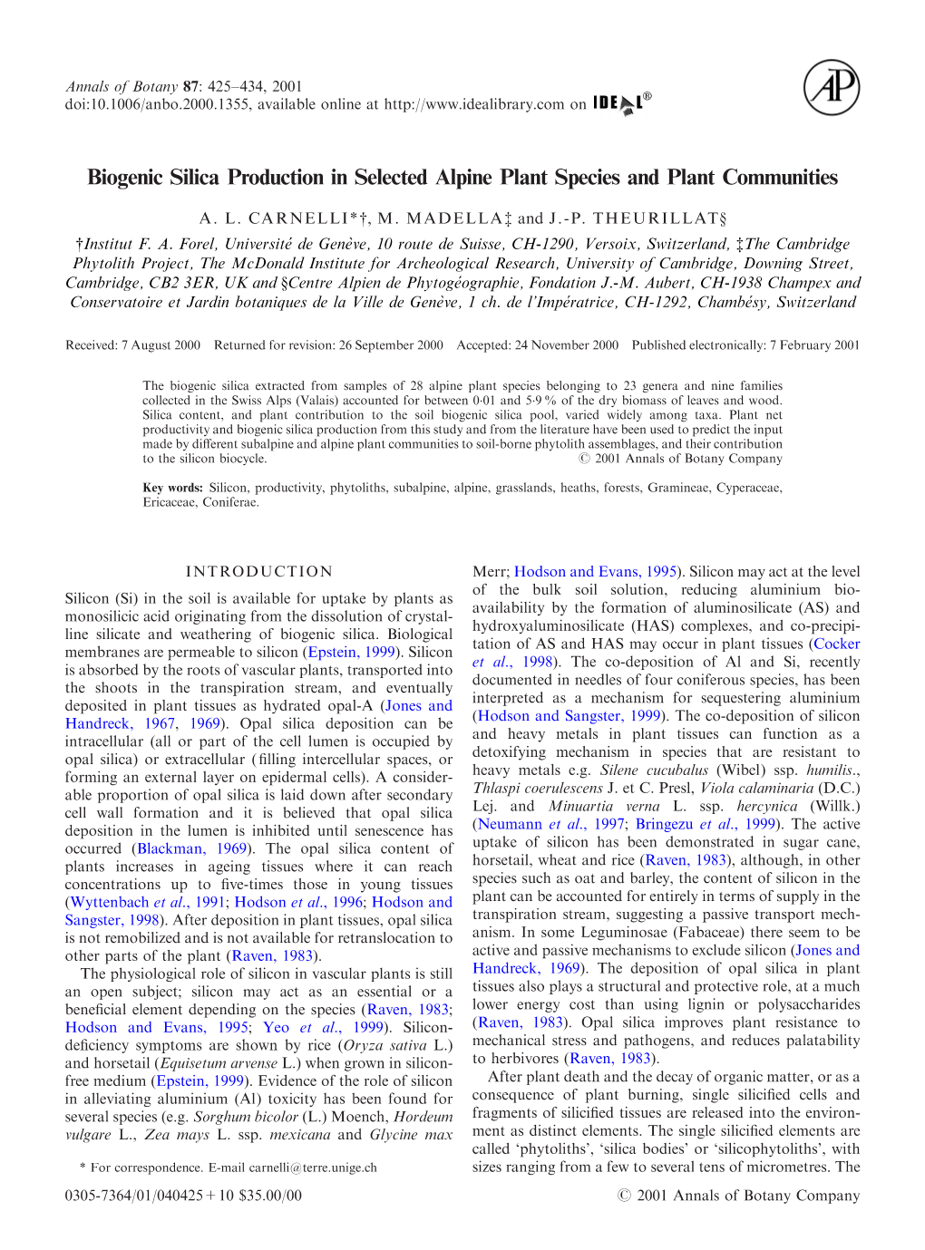 Biogenic Silica Production in Selected Alpine Plant Species and Plant Communities