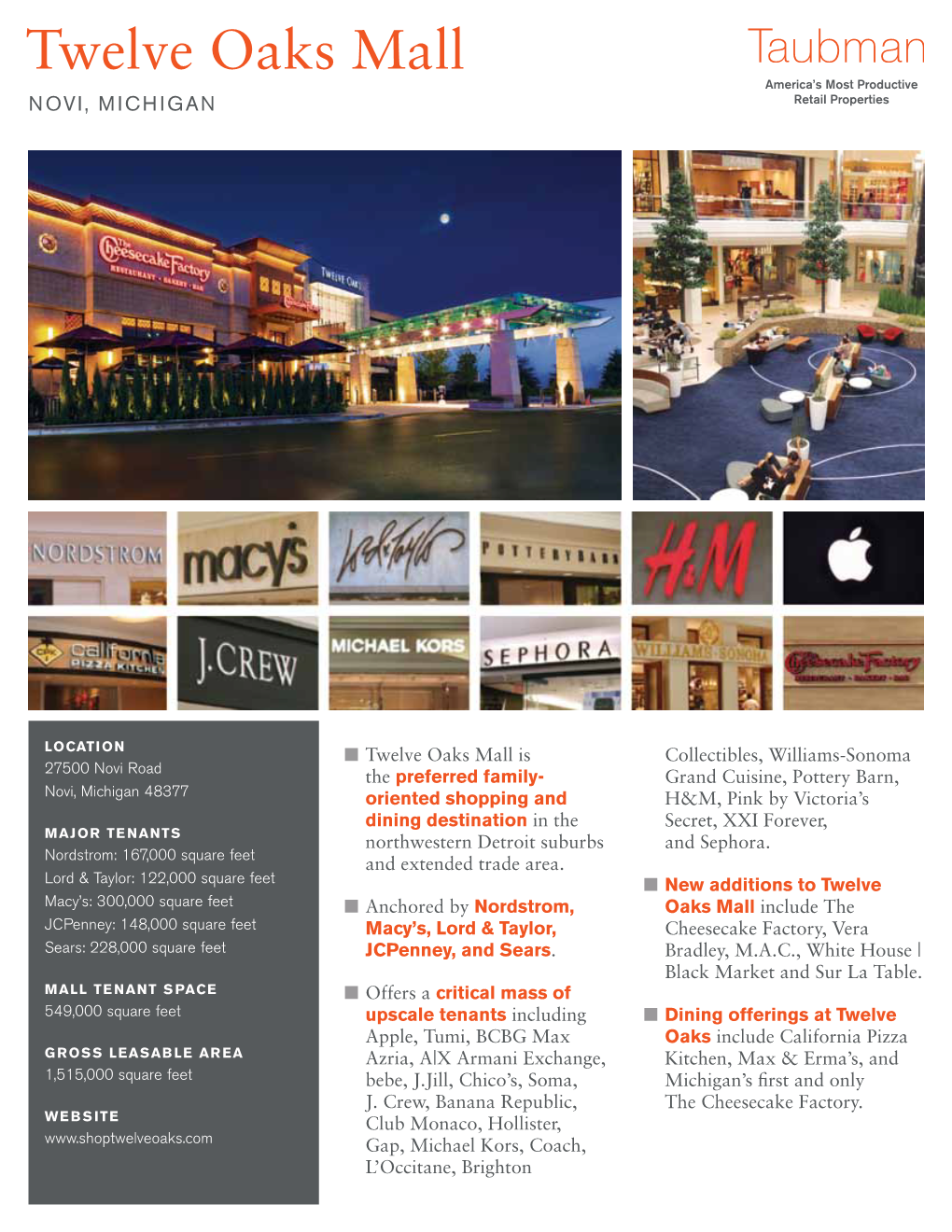 Twelve Oaks Mall America’S Most Productive Novi, Michigan Retail Properties