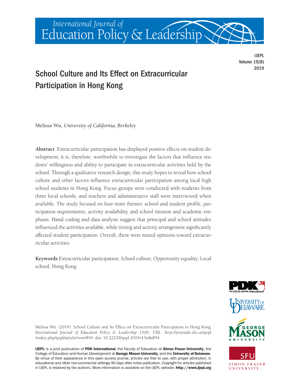 School Culture and Its Effect on Extracurricular Participation in Hong Kong