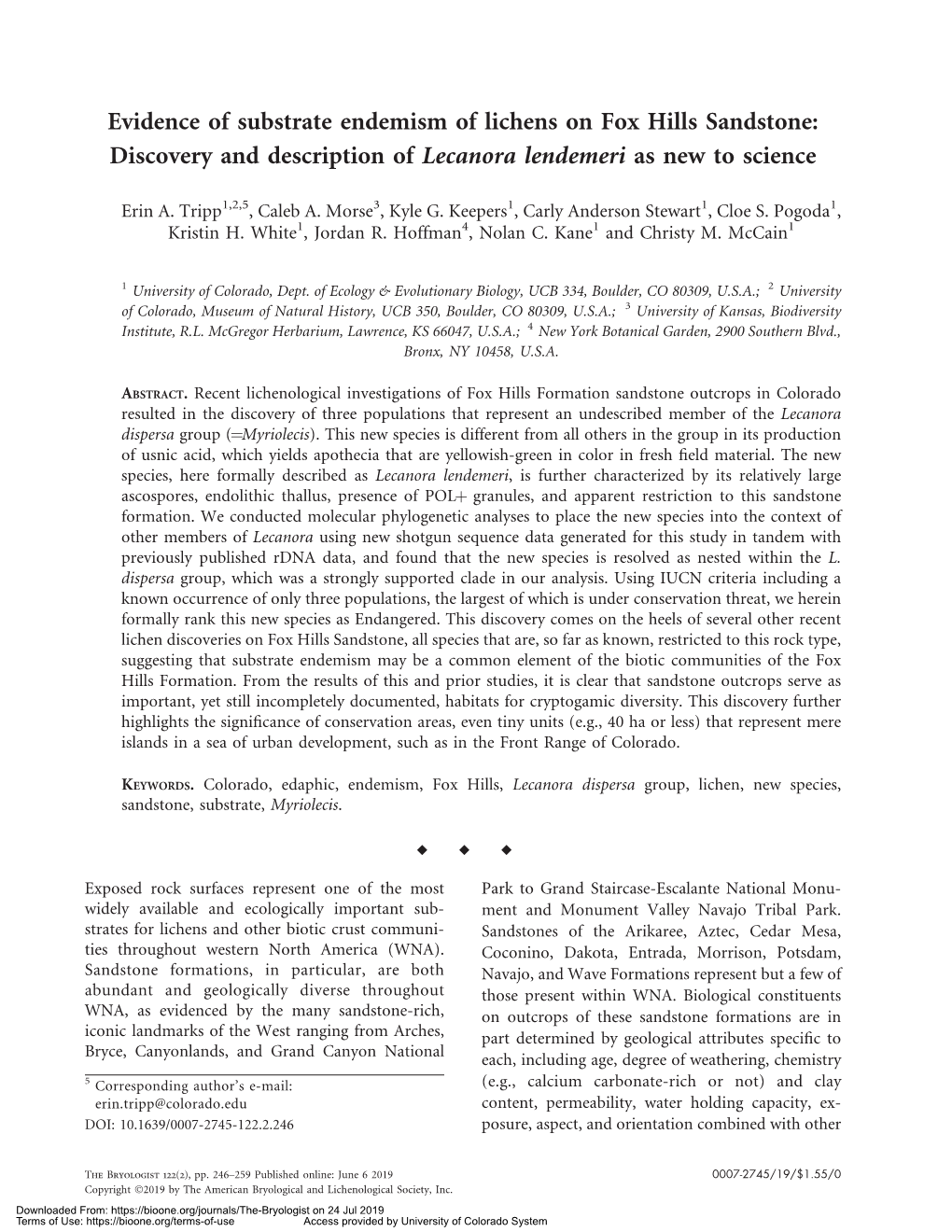 Evidence of Substrate Endemism of Lichens on Fox Hills Sandstone: Discovery and Description of Lecanora Lendemeri As New to Science