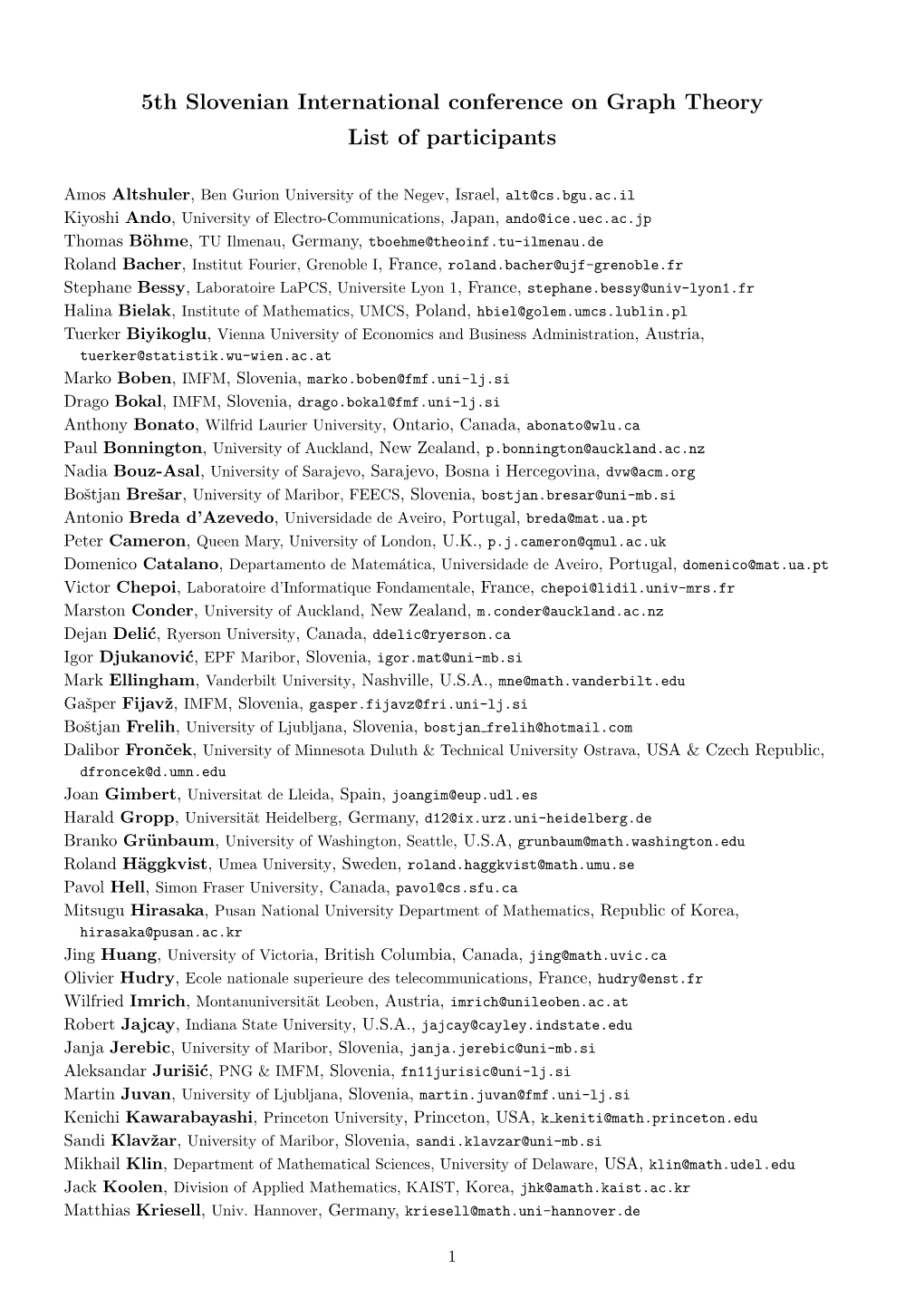 5Th Slovenian International Conference on Graph Theory List of Participants