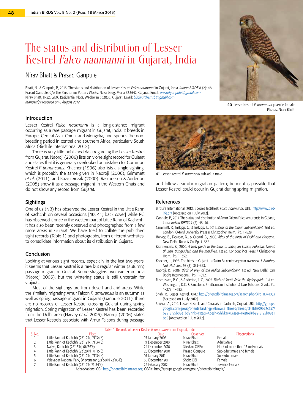 The Status and Distribution of Lesser Kestrel Falco Naumanni in Gujarat, India Nirav Bhatt & Prasad Ganpule