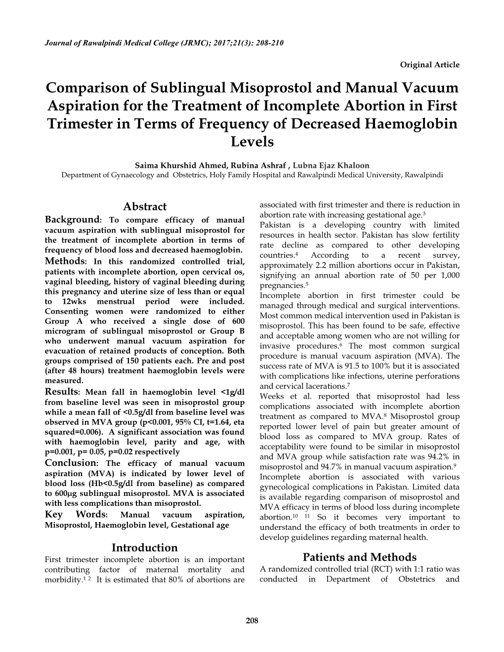 Comparison of Sublingual Misoprostol and Manual Vacuum Aspiration For