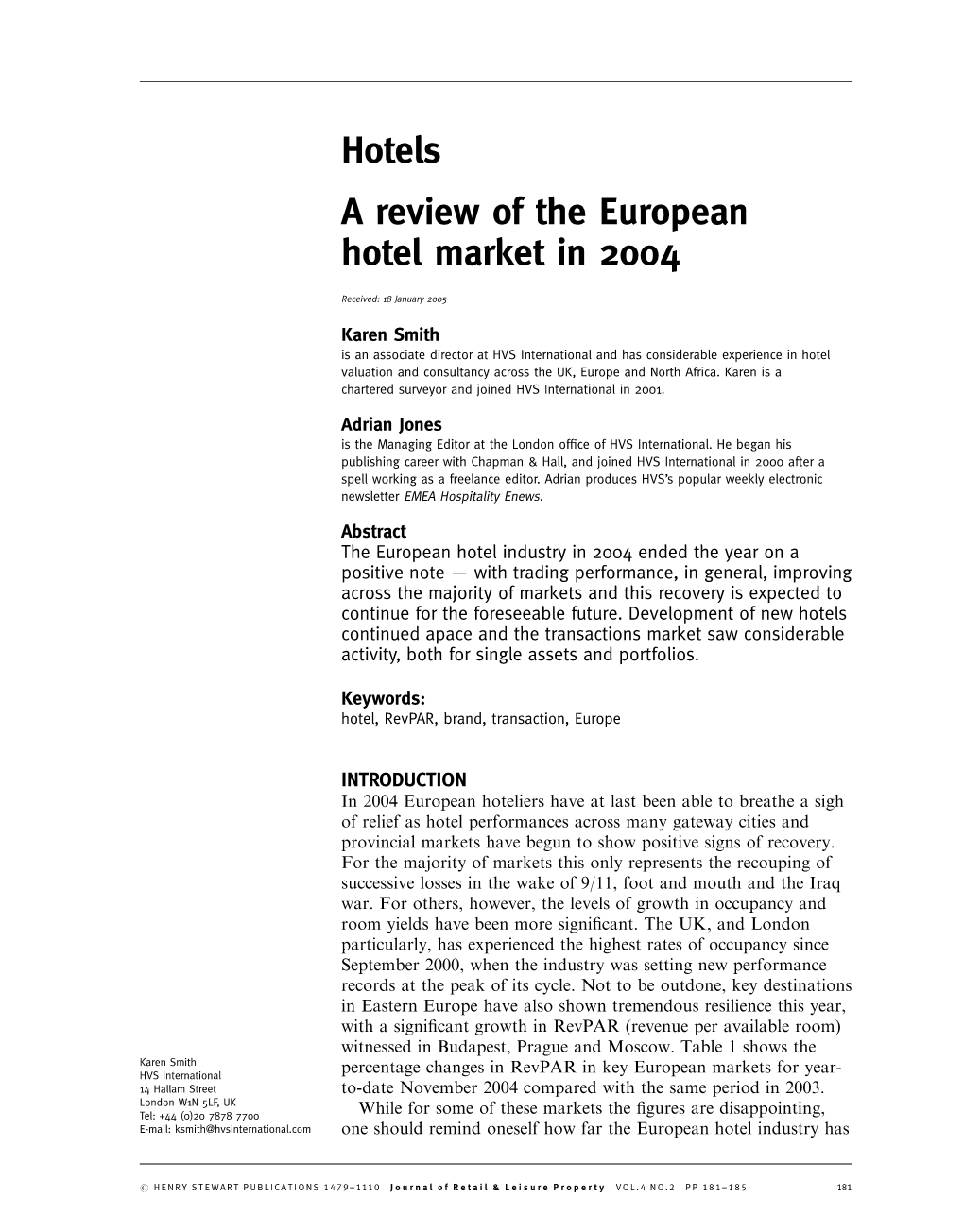 Hotels a Review of the European Hotel Market in 2004