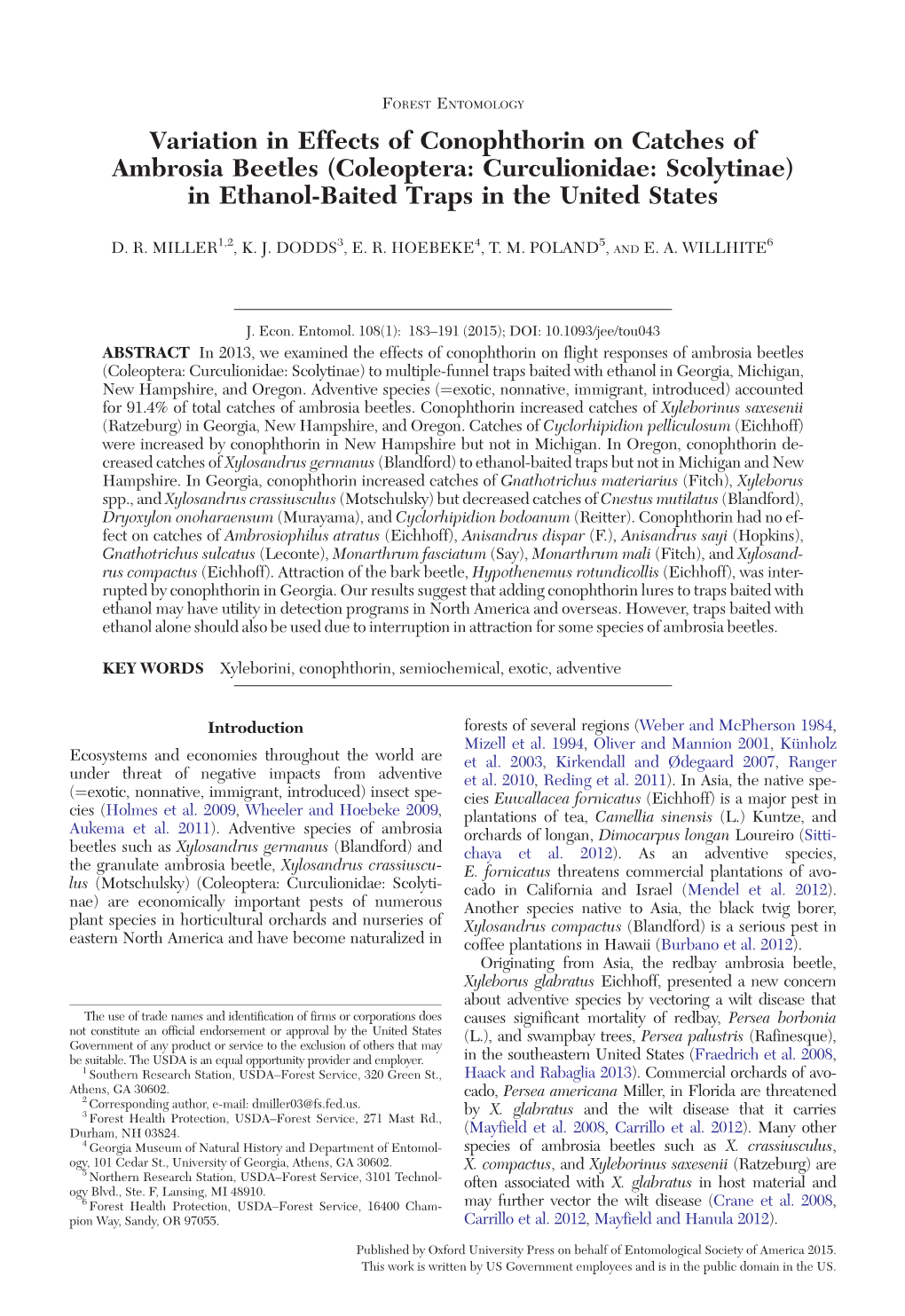 Coleoptera: Curculionidae: Scolytinae) in Ethanol-Baited Traps in the United States