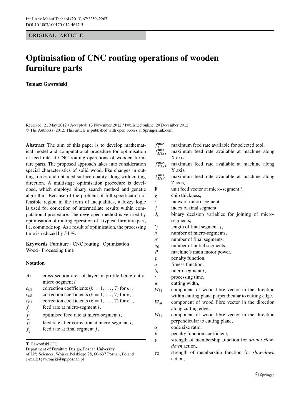 Optimisation of CNC Routing Operations of Wooden Furniture Parts