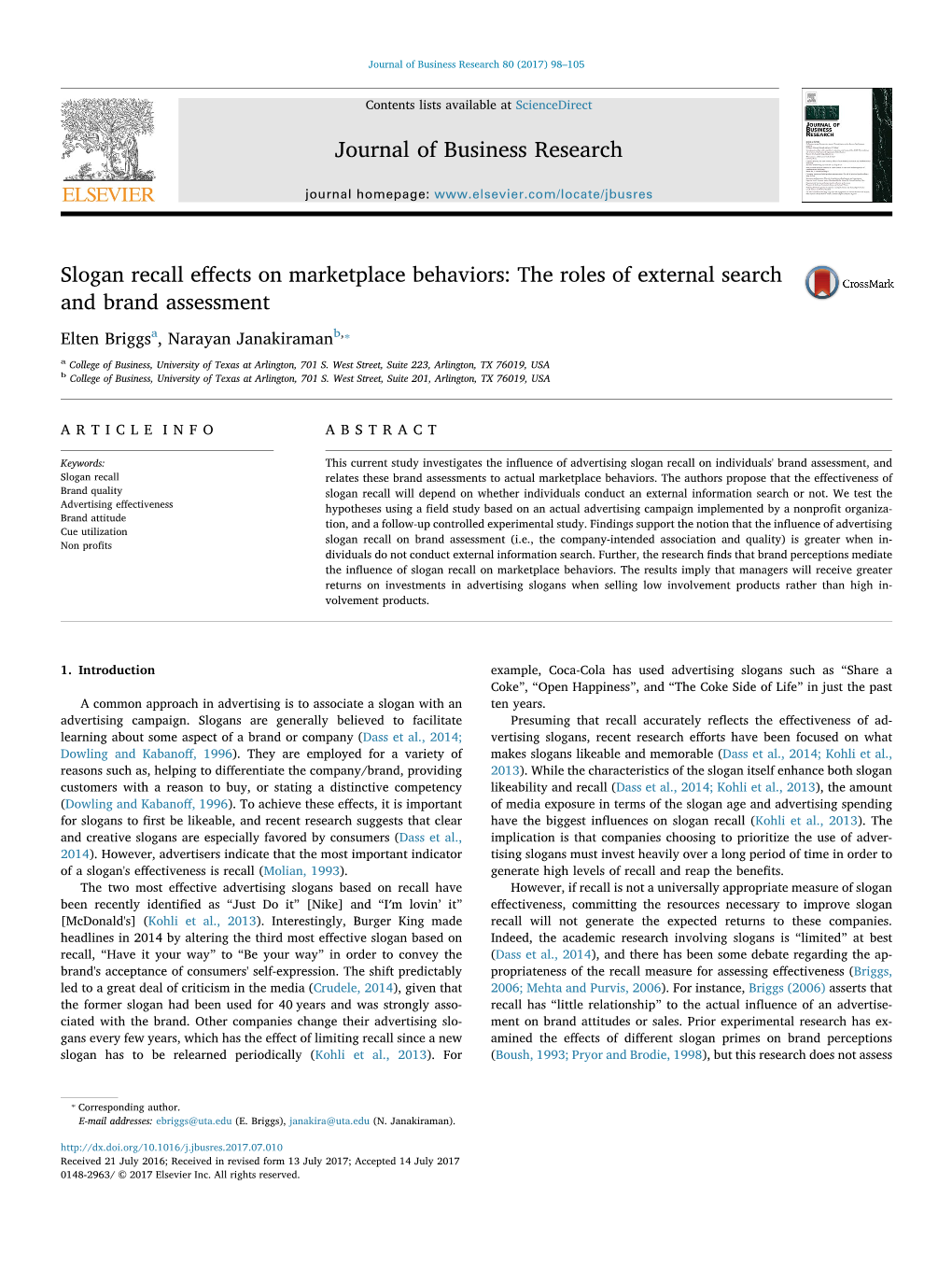 Slogan Recall Effects on Marketplace Behaviors the Roles of External