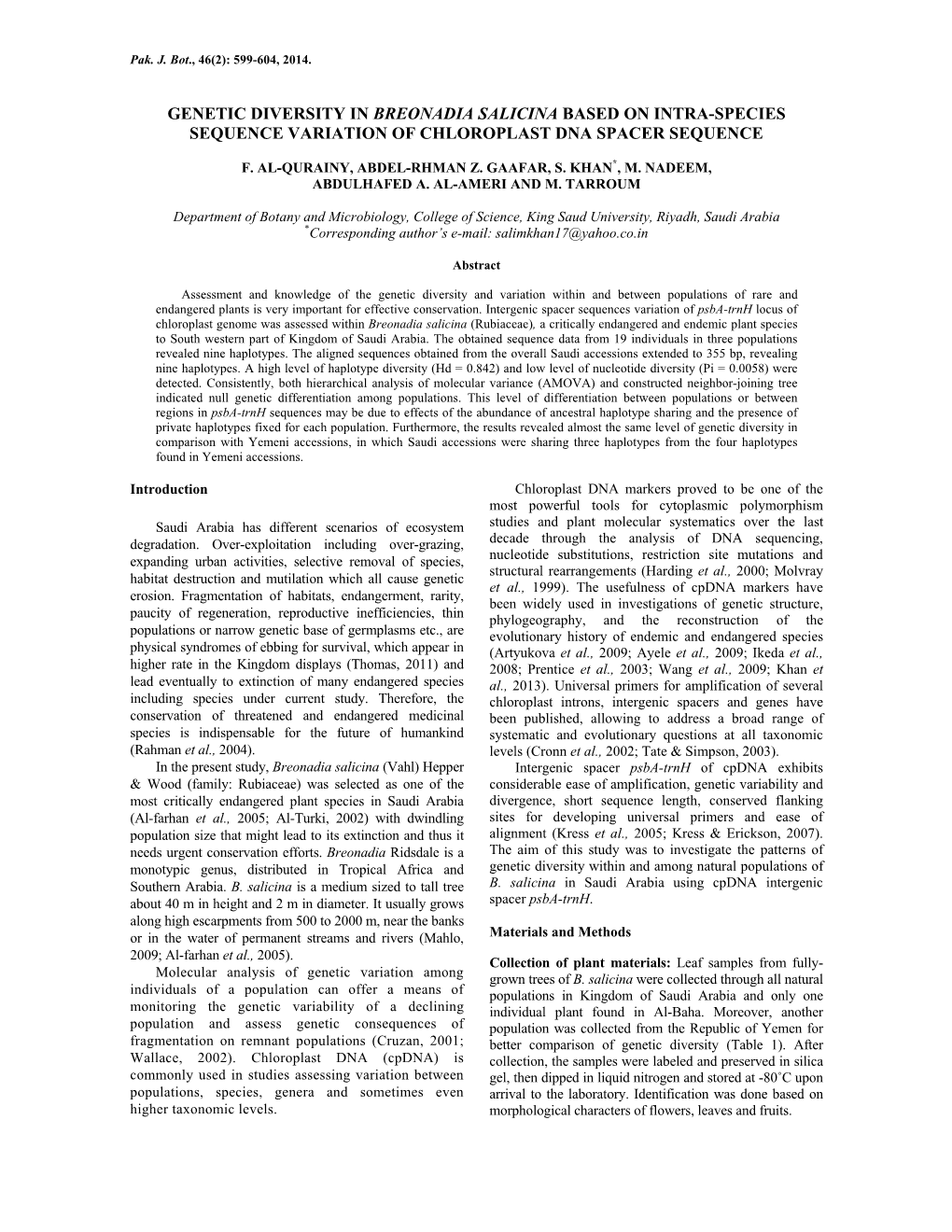 Genetic Diversity in Breonadia Salicina Based on Intra-Species Sequence Variation of Chloroplast Dna Spacer Sequence