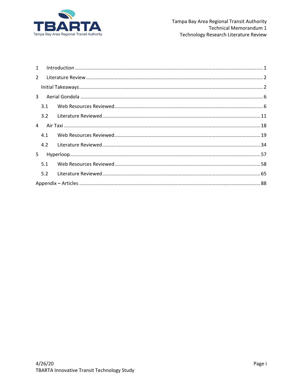 Tampa Bay Area Regional Transit Authority Technical Memorandum 1 Technology Research Literature Review