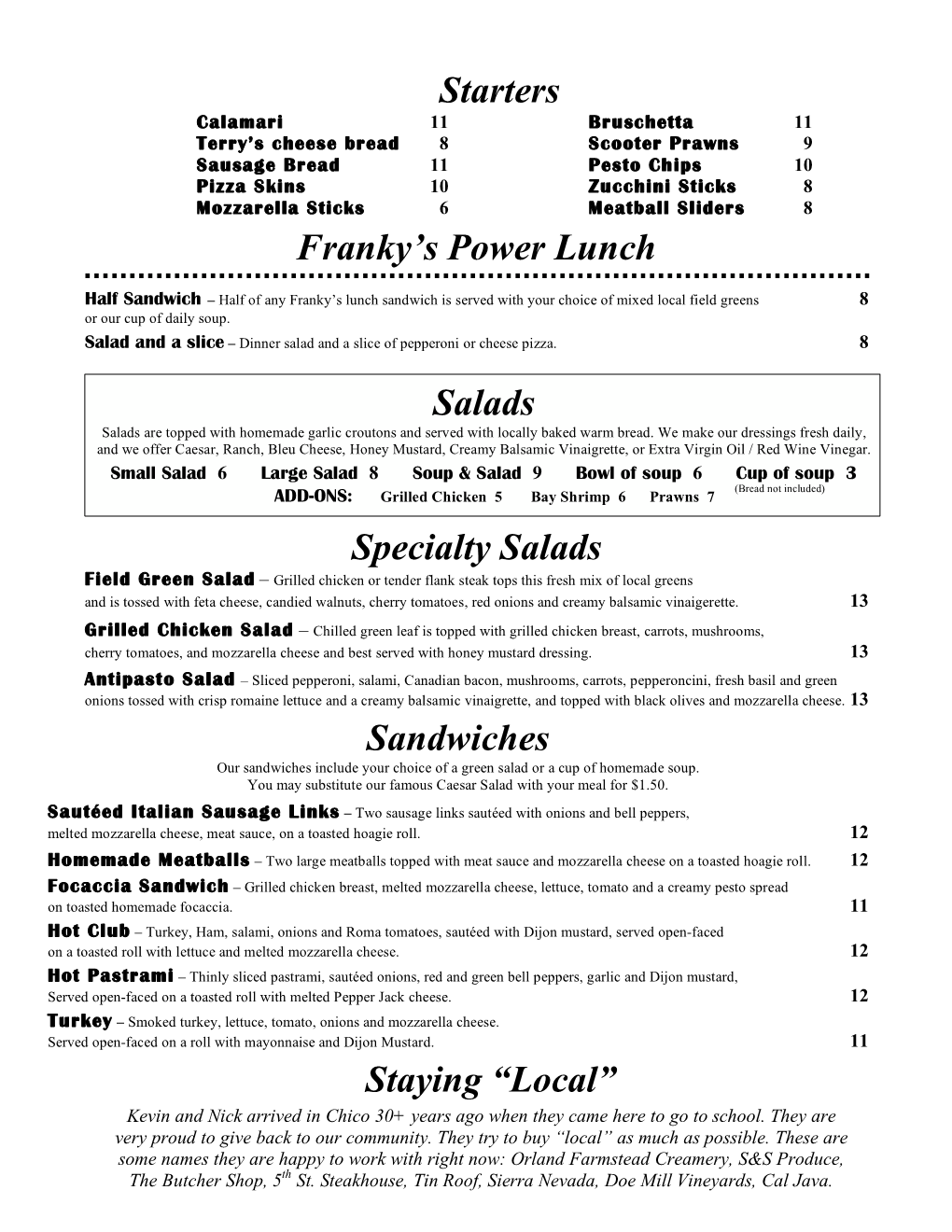 Starters Franky's Power Lunch Specialty Salads Sandwiches Staying