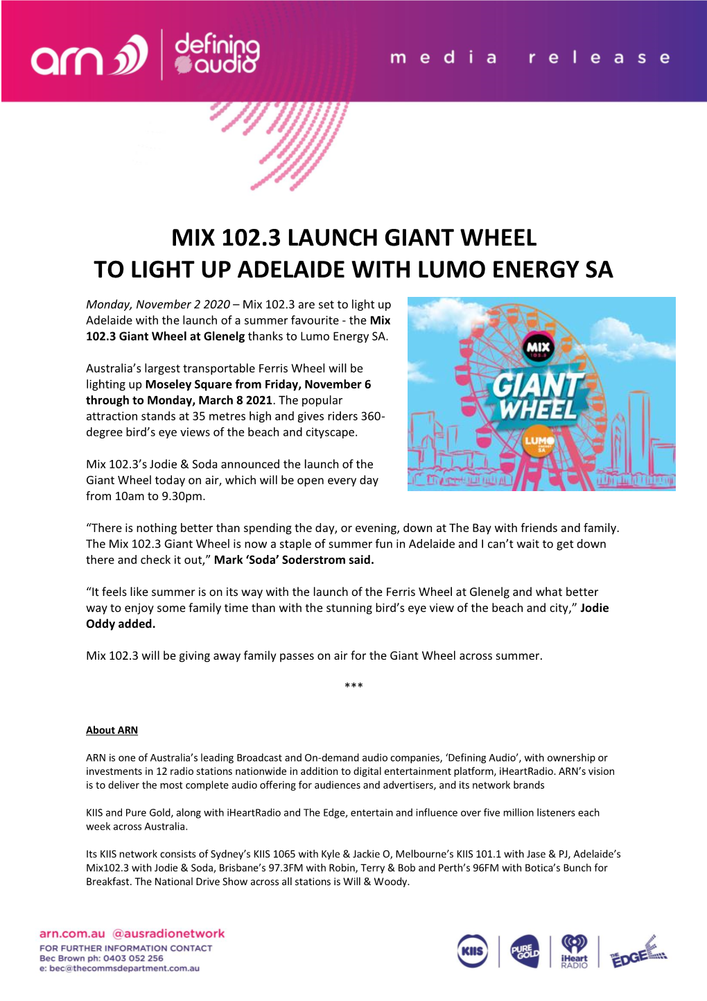 Mix 102.3 Launch Giant Wheel to Light up Adelaide with Lumo Energy Sa