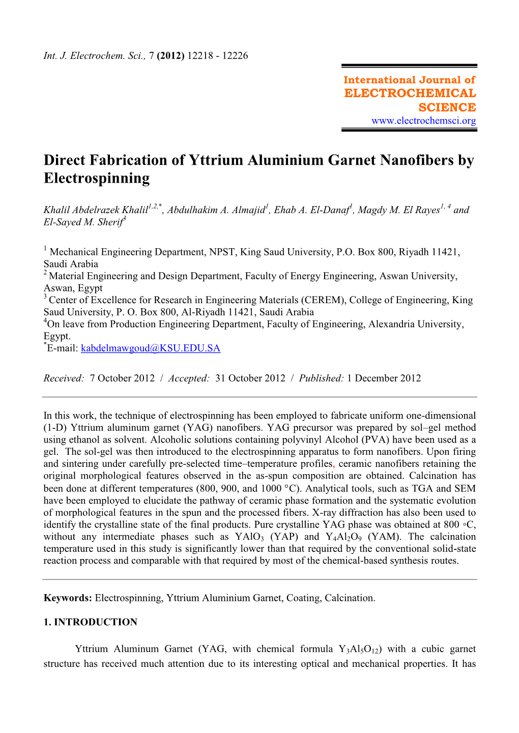 Direct Fabrication of Yttrium Aluminium Garnet Nanofibers by Electrospinning