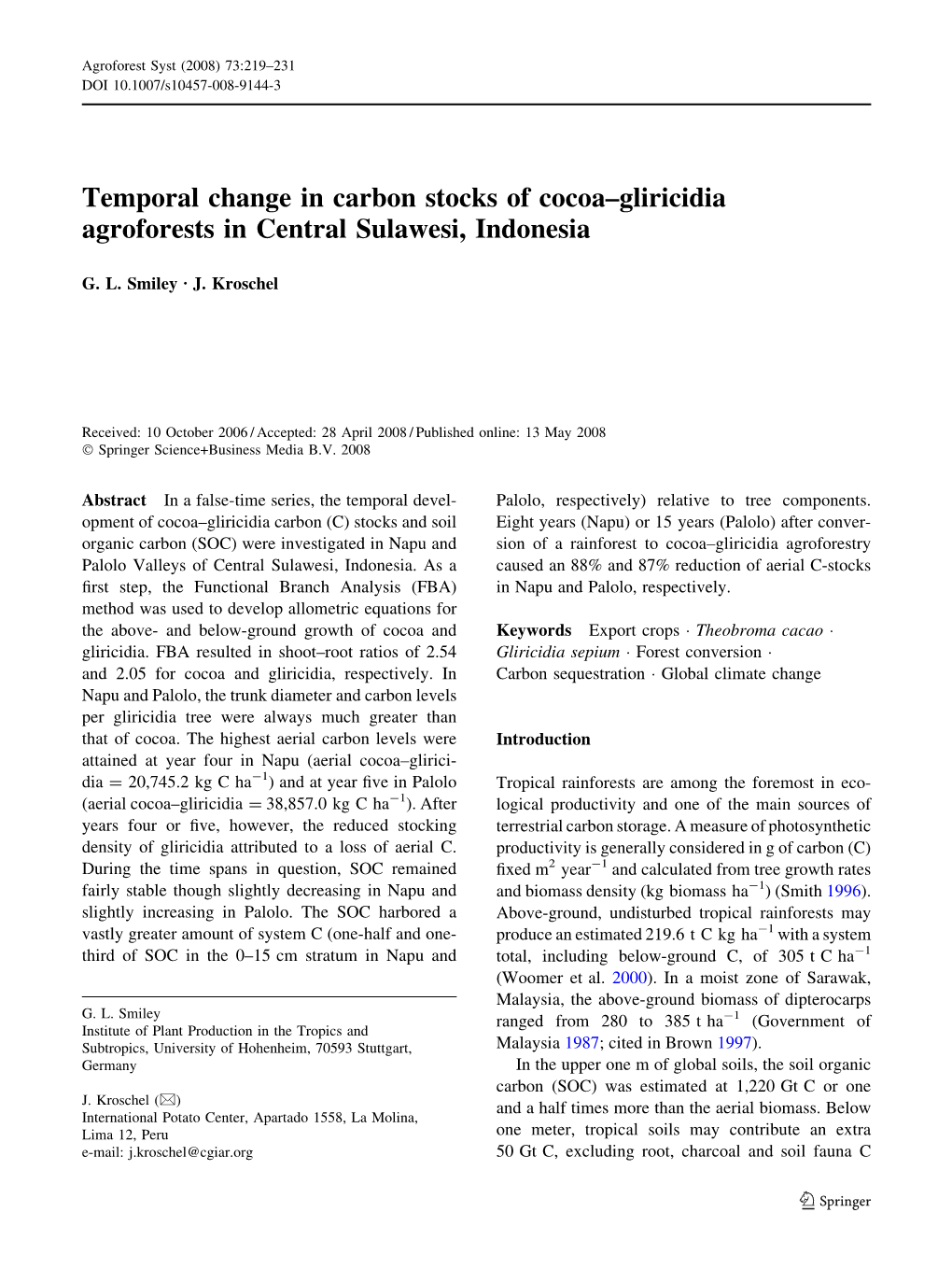 Temporal Change in Carbon Stocks of Cocoa–Gliricidia Agroforests in Central Sulawesi, Indonesia