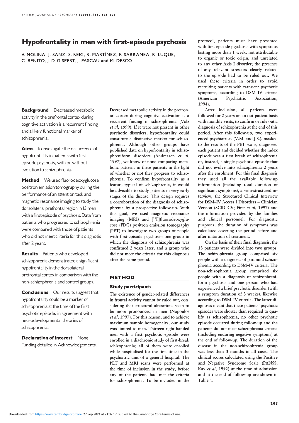 Hypofrontality in Men with First-Episode Psychosis