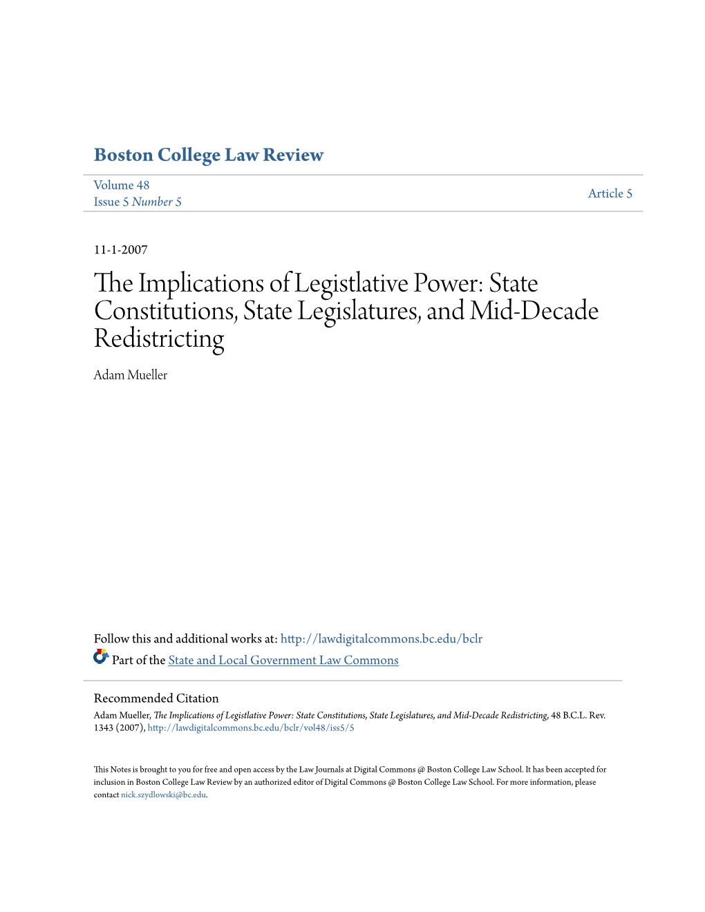 State Constitutions, State Legislatures, and Mid-Decade Redistricting Adam Mueller