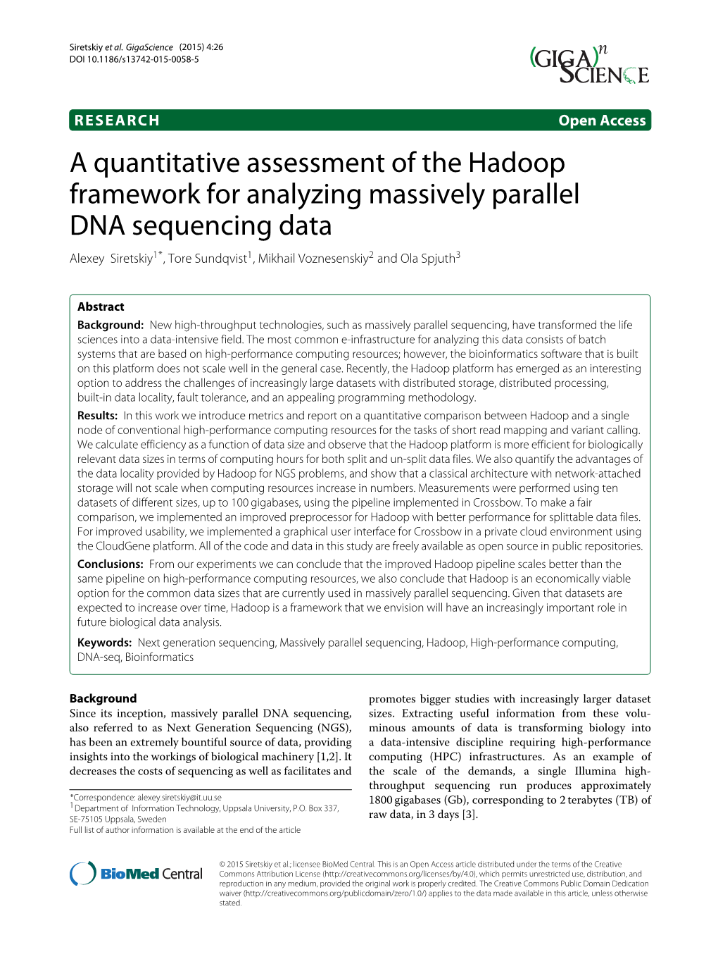 A Quantitative Assessment of the Hadoop Framework for Analyzing Massively Parallel DNA Sequencing Data