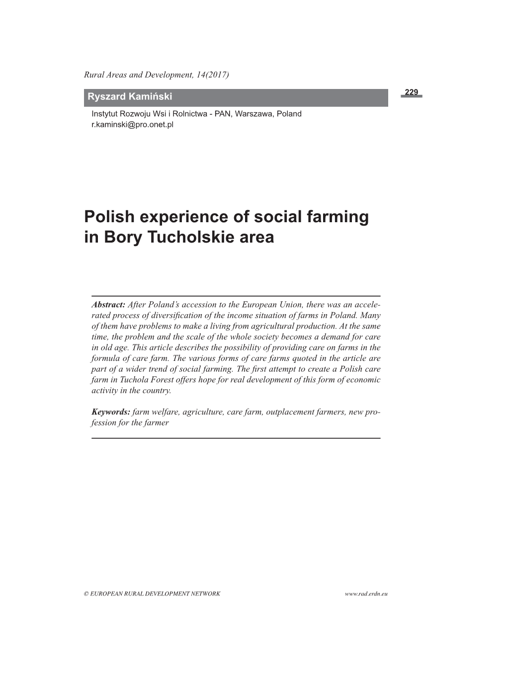 Polish Experience of Social Farming in Bory Tucholskie Area