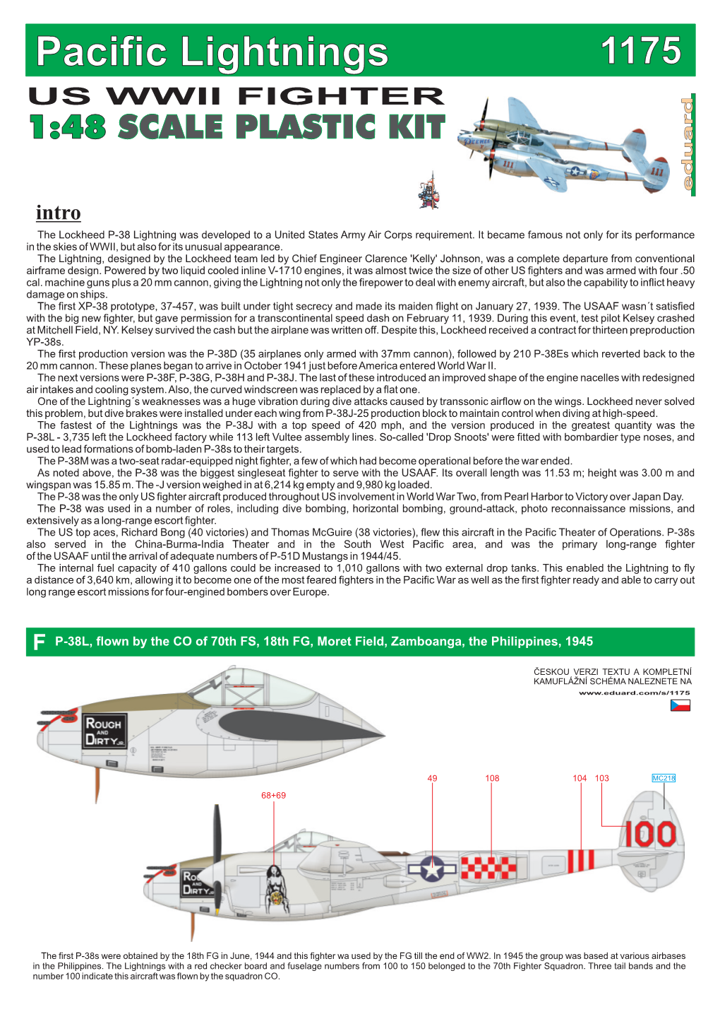 Pacific Lightnings 1175 US WWII FIGHTER 1:48 SCALE PLASTIC KIT