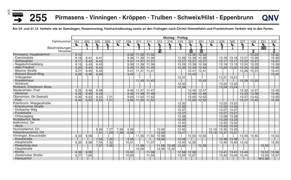 255 Pirmasens - Vinningen - Kröppen - Trulben - Schweix/Hilst - Eppenbrunn QNV