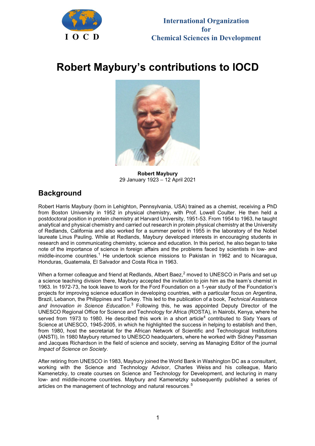 Robert Maybury's Contributions to IOCD