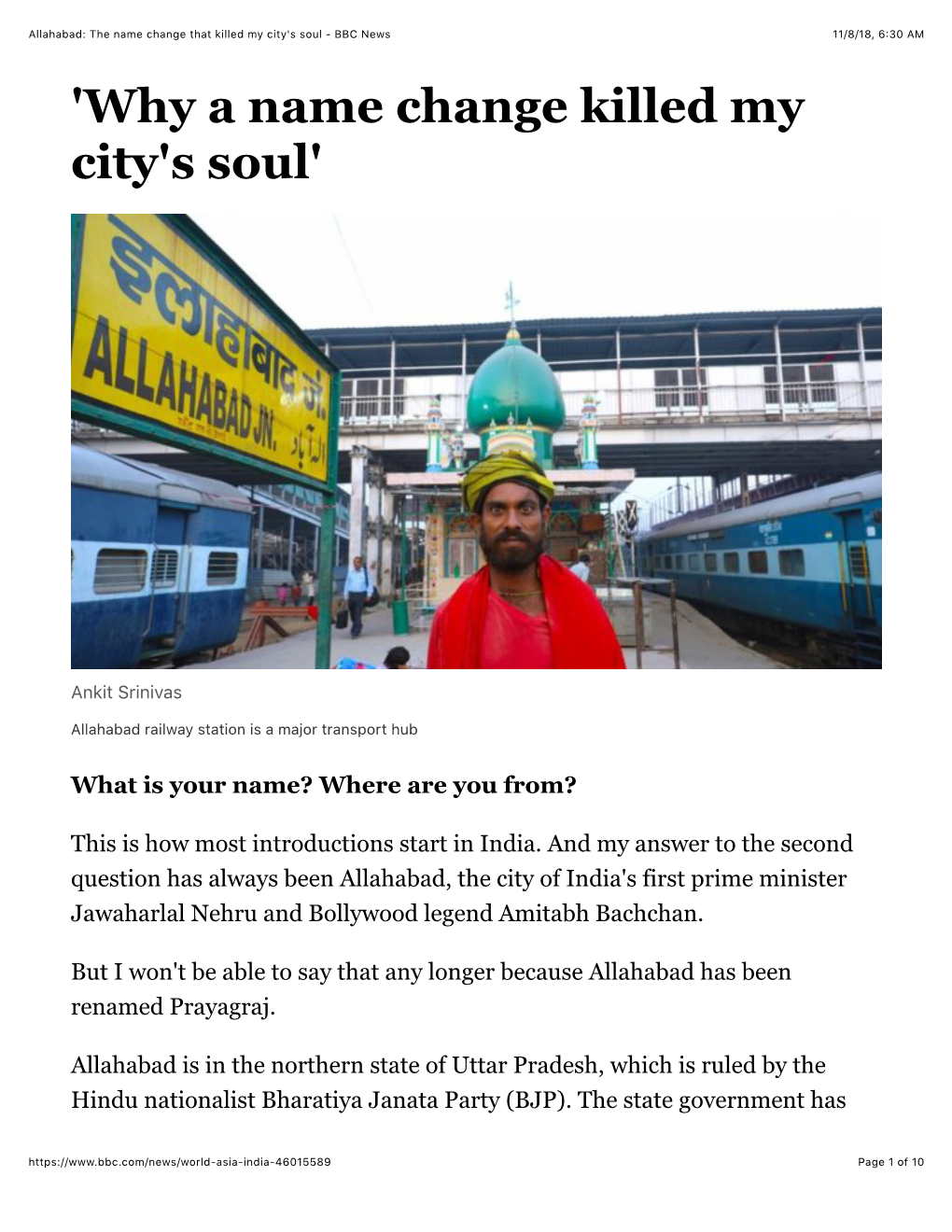 Allahabad: the Name Change That Killed My City's Soul - BBC News 11/8/18, 6�30 AM 'Why a Name Change Killed My City's Soul'
