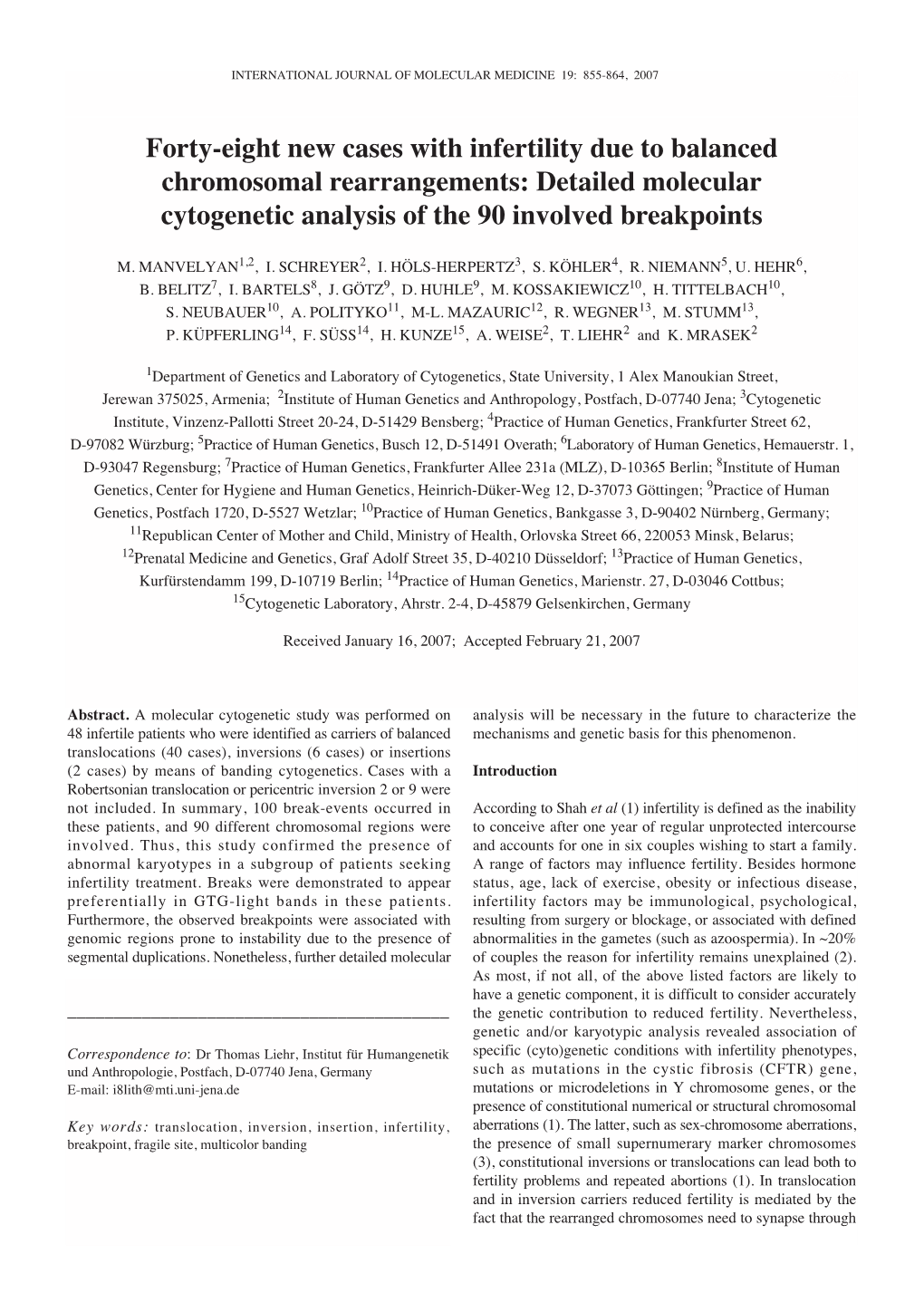 Forty-Eight New Cases with Infertility Due to Balanced Chromosomal Rearrangements: Detailed Molecular Cytogenetic Analysis of the 90 Involved Breakpoints