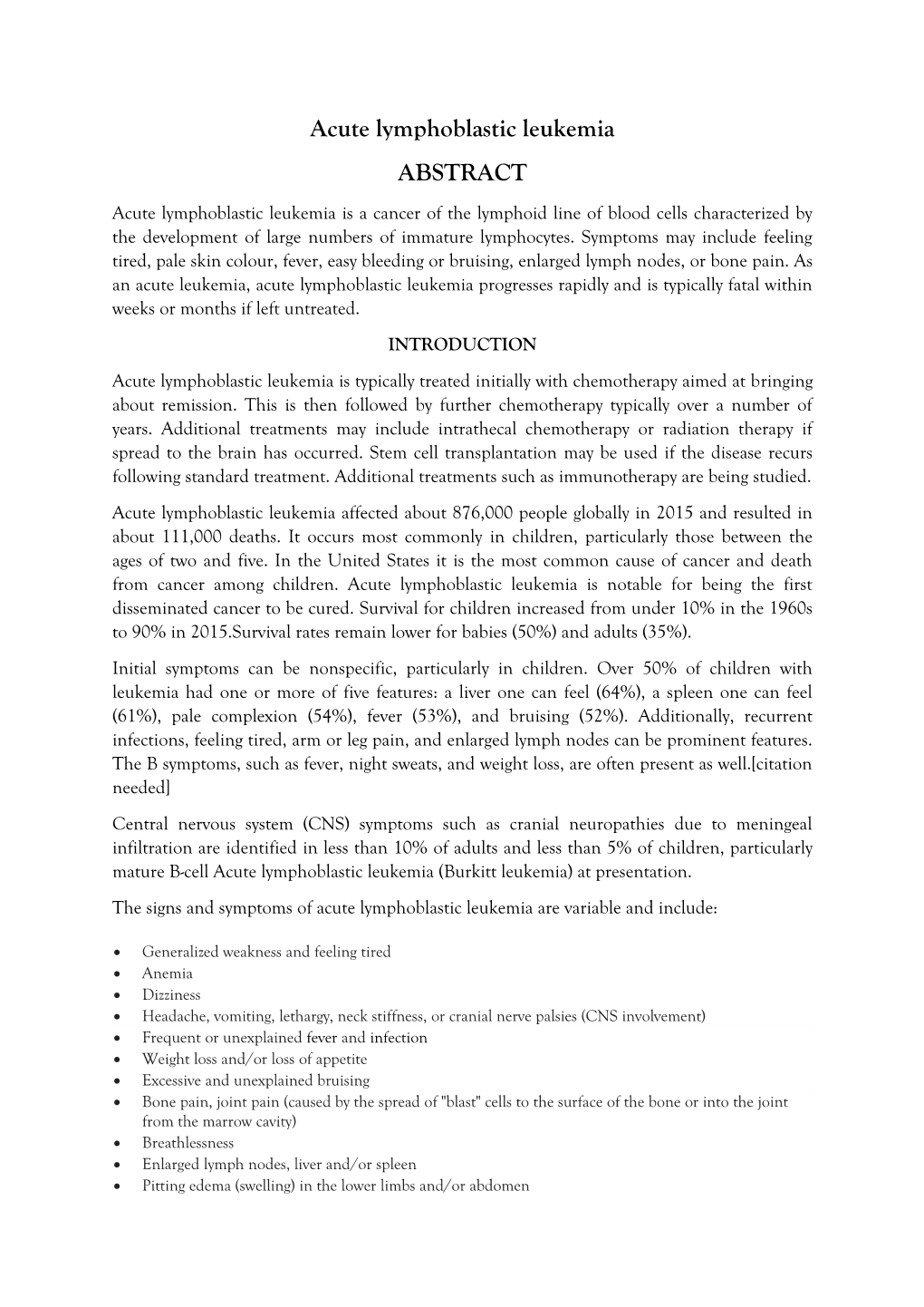 Acute Lymphoblastic Leukemia ABSTRACT