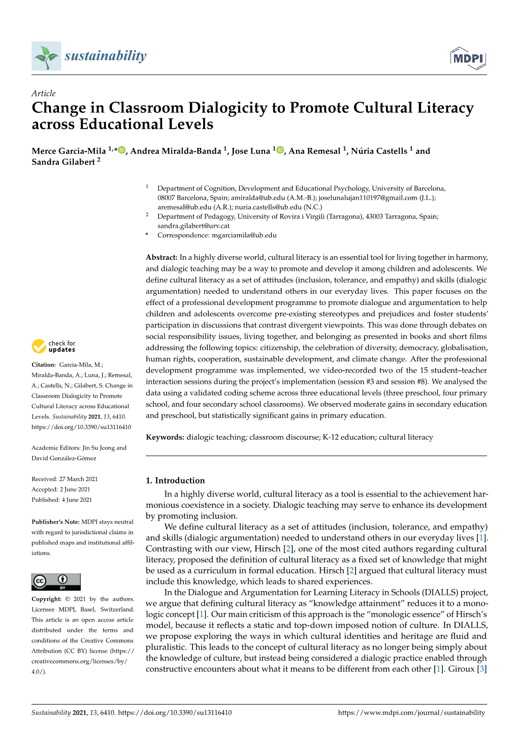 Change in Classroom Dialogicity to Promote Cultural Literacy Across Educational Levels