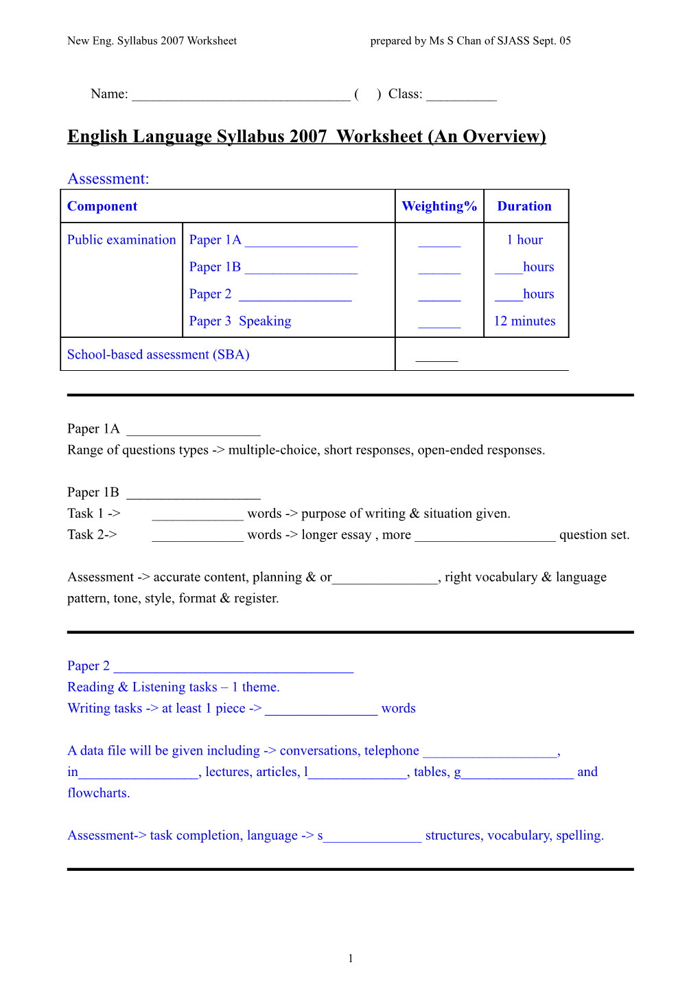 English Language Syllabus 2007 Worksheet (An Overview)
