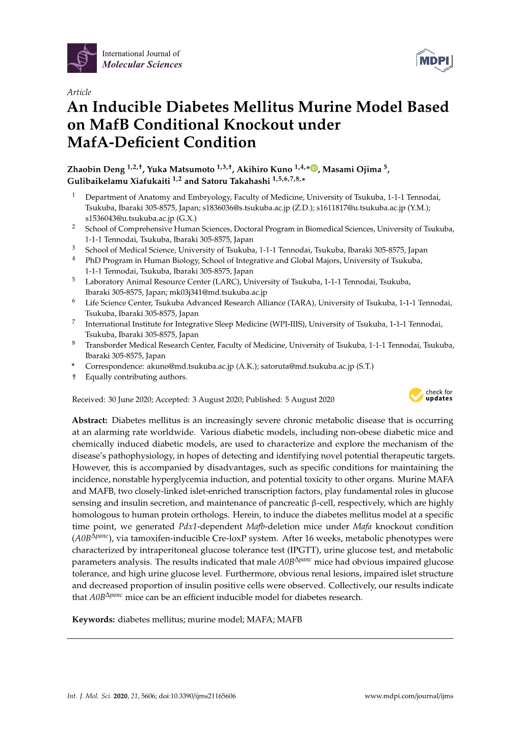 An Inducible Diabetes Mellitus Murine Model Based on Mafb Conditional Knockout Under Mafa-Deficient Condition