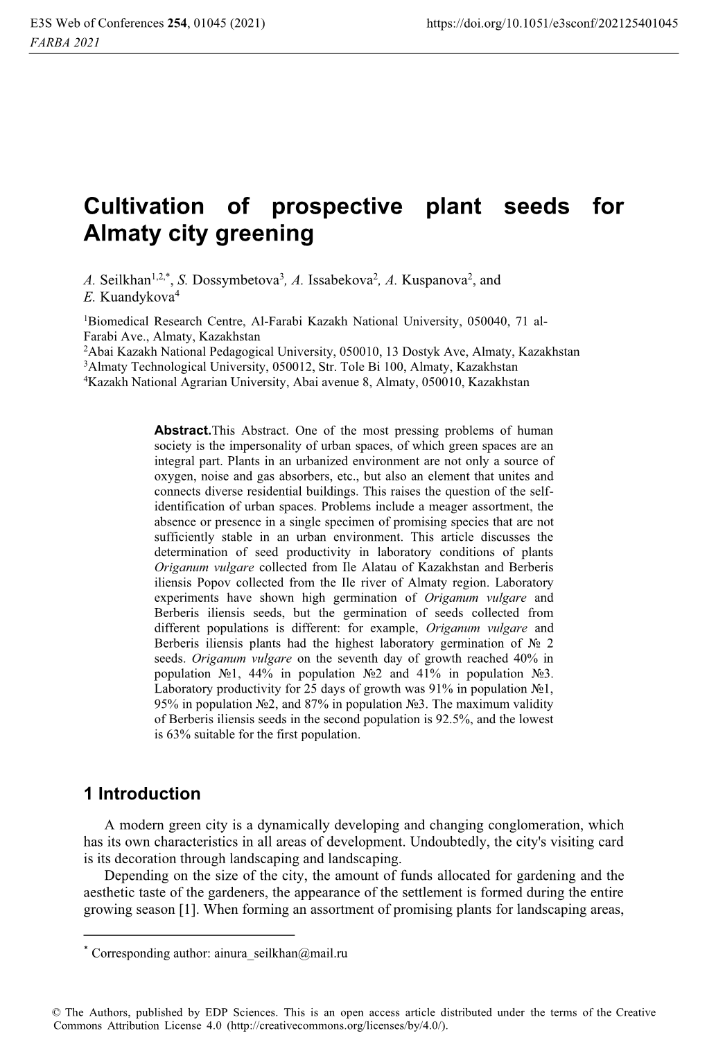 Cultivation of Prospective Plant Seeds for Almaty City Greening