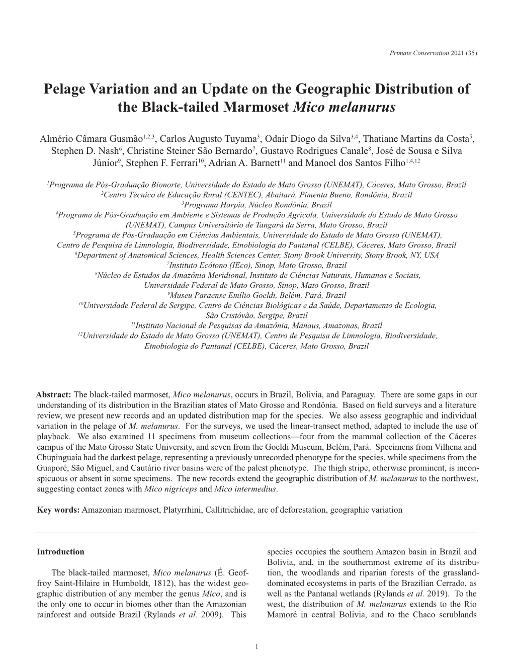 Pelage Variation and an Update on the Geographic Distribution of the Black-Tailed Marmoset Mico Melanurus