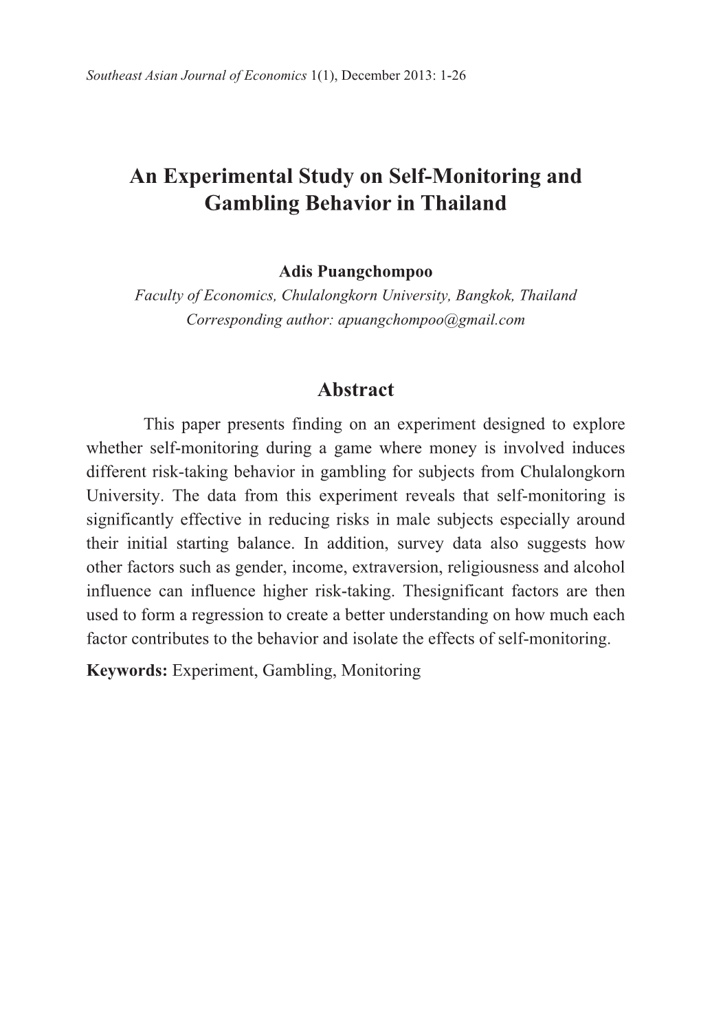 An Experimental Study on Self-Monitoring and Gambling Behavior in Thailand