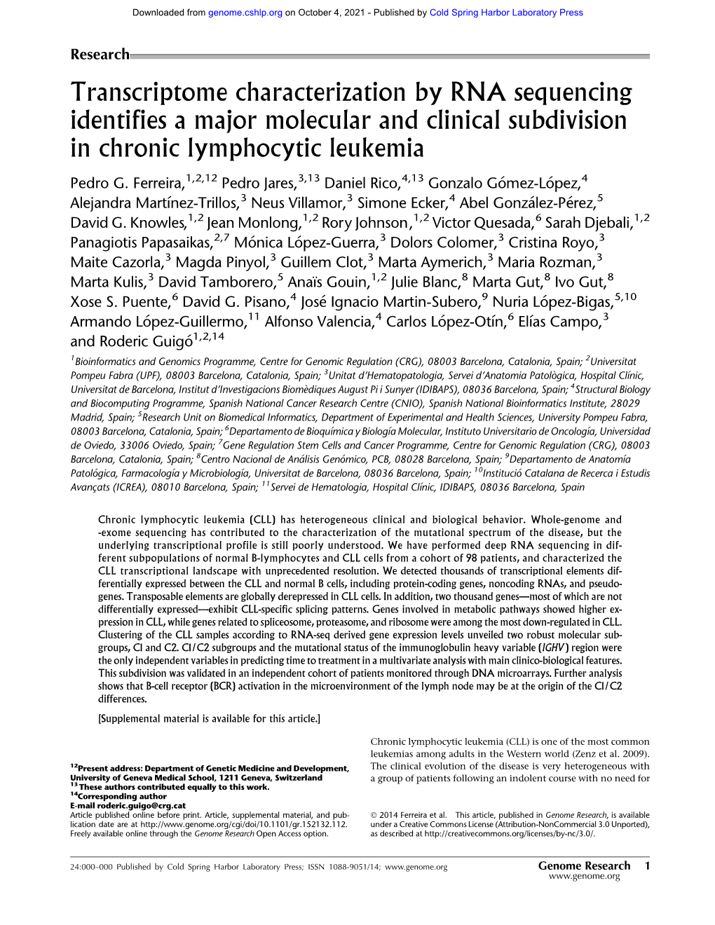 Transcriptome Characterization by RNA Sequencing Identifies a Major Molecular and Clinical Subdivision in Chronic Lymphocytic Leukemia