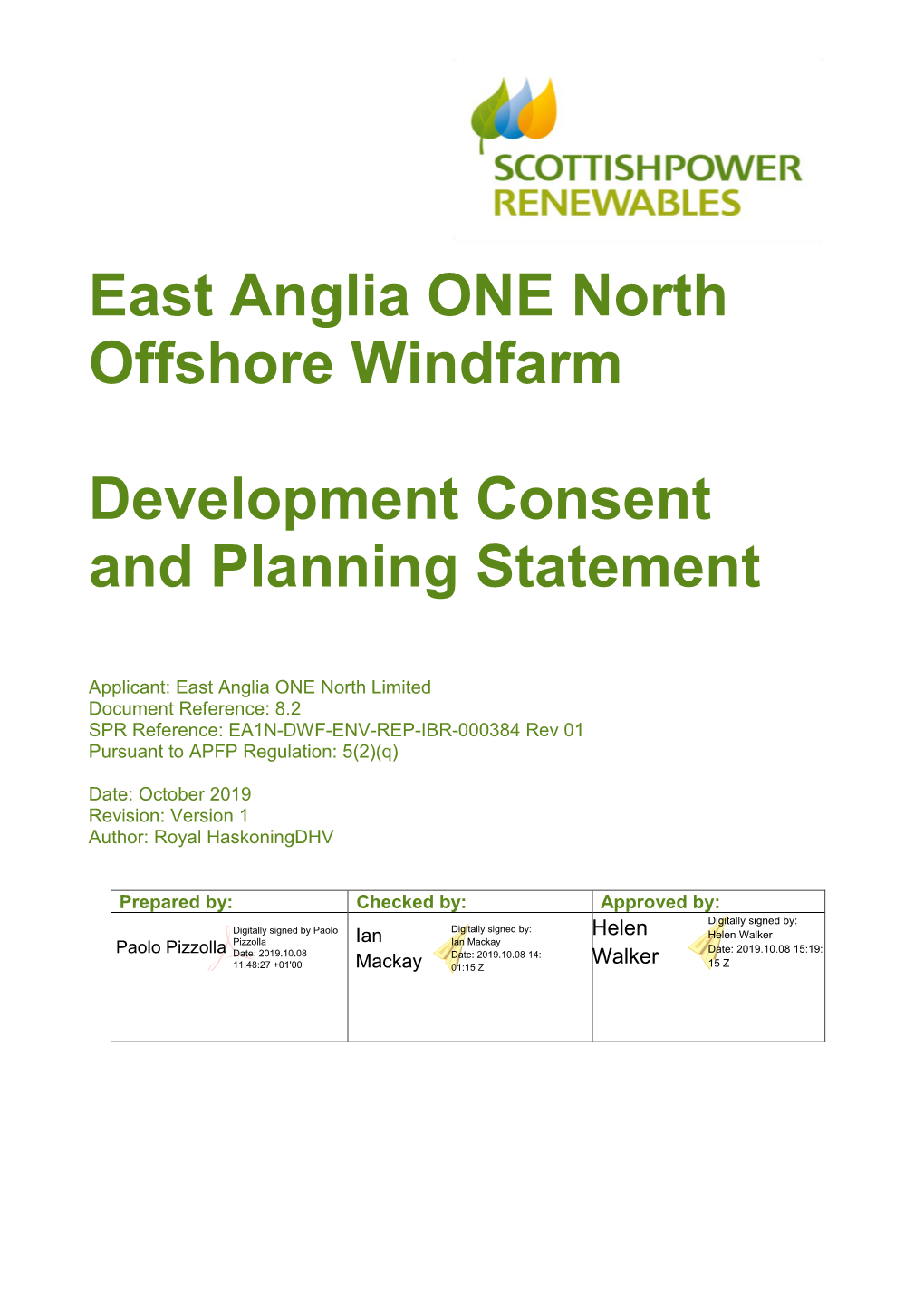 East Anglia ONE North Offshore Windfarm Development Consent and Planning Statement