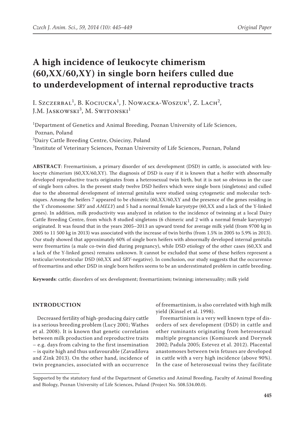 (60,XX/60,XY) in Single Born Heifers Culled Due to Underdevelopment of Internal Reproductive Tracts